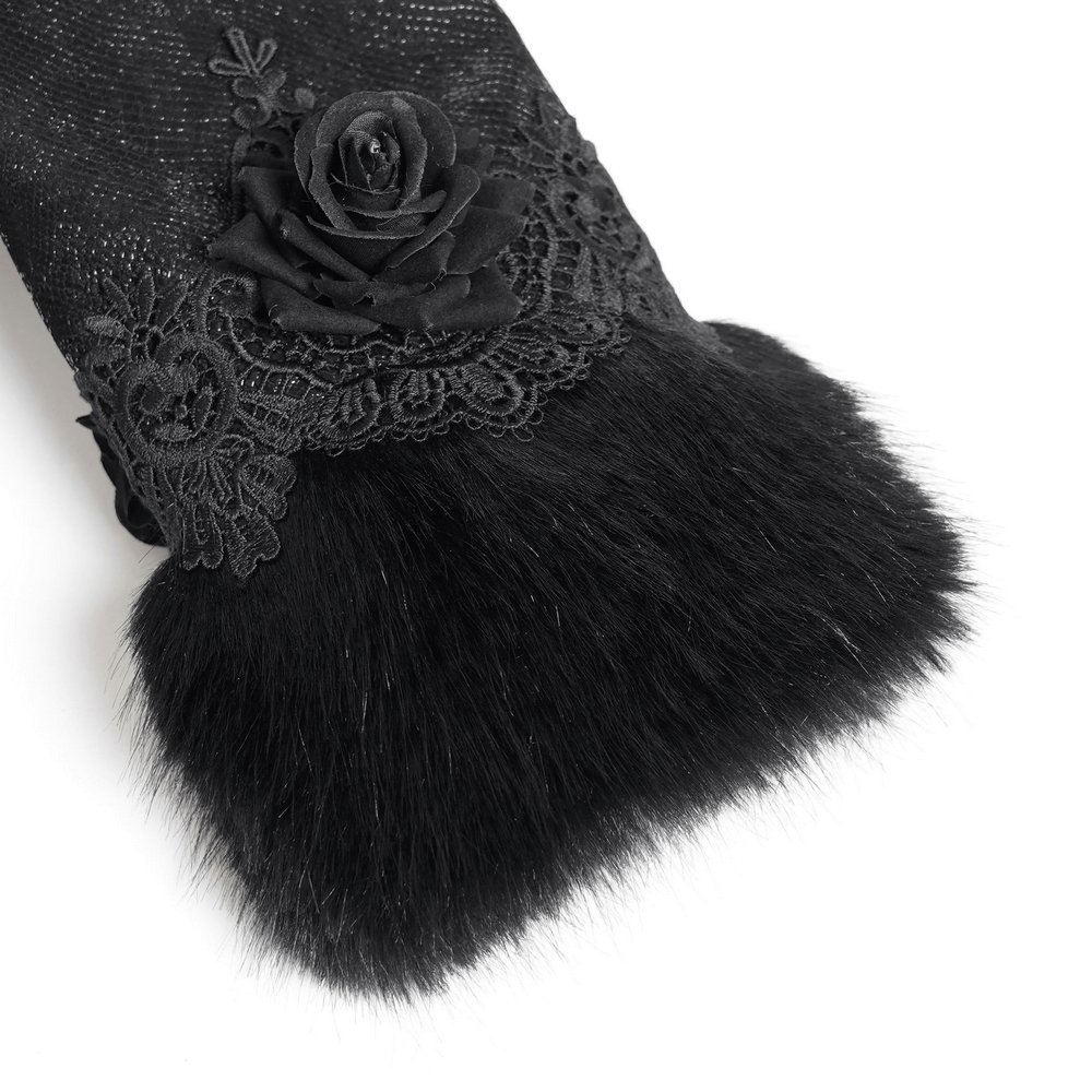 Close-up of black faux fur trim with lace rose detail on a gothic women's jacket.