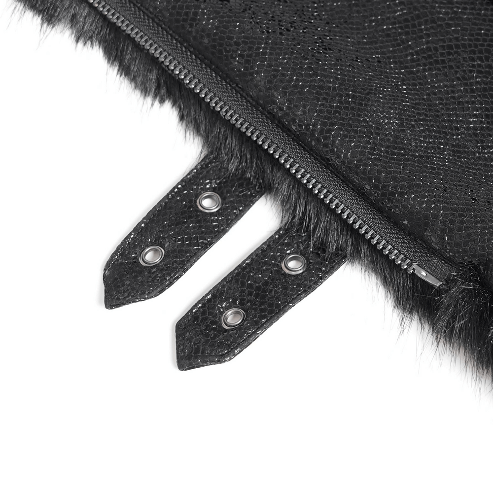Close-up of the female jacket's textured fabric, faux fur trim, and buckle strap details, showcasing its gothic elegance.