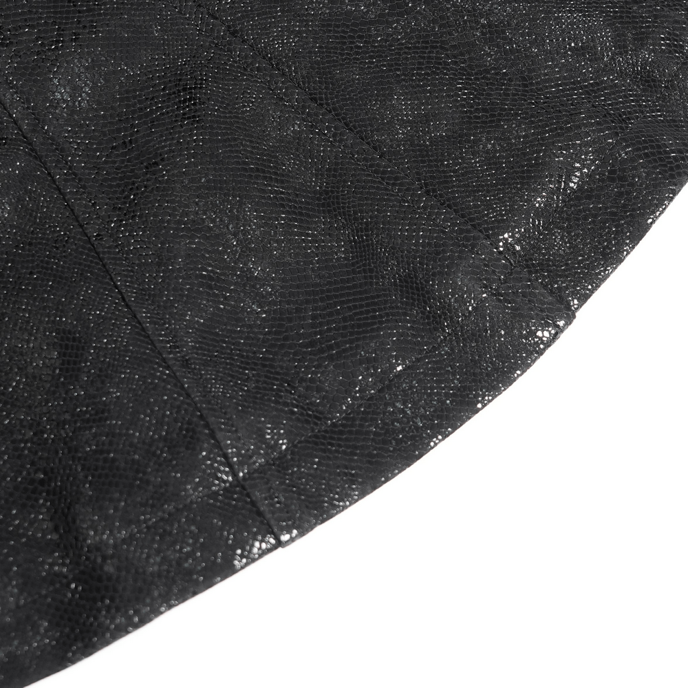 Close-up of textured black fabric with a subtle sheen, perfect for a gothic jacket with buckle strap details.