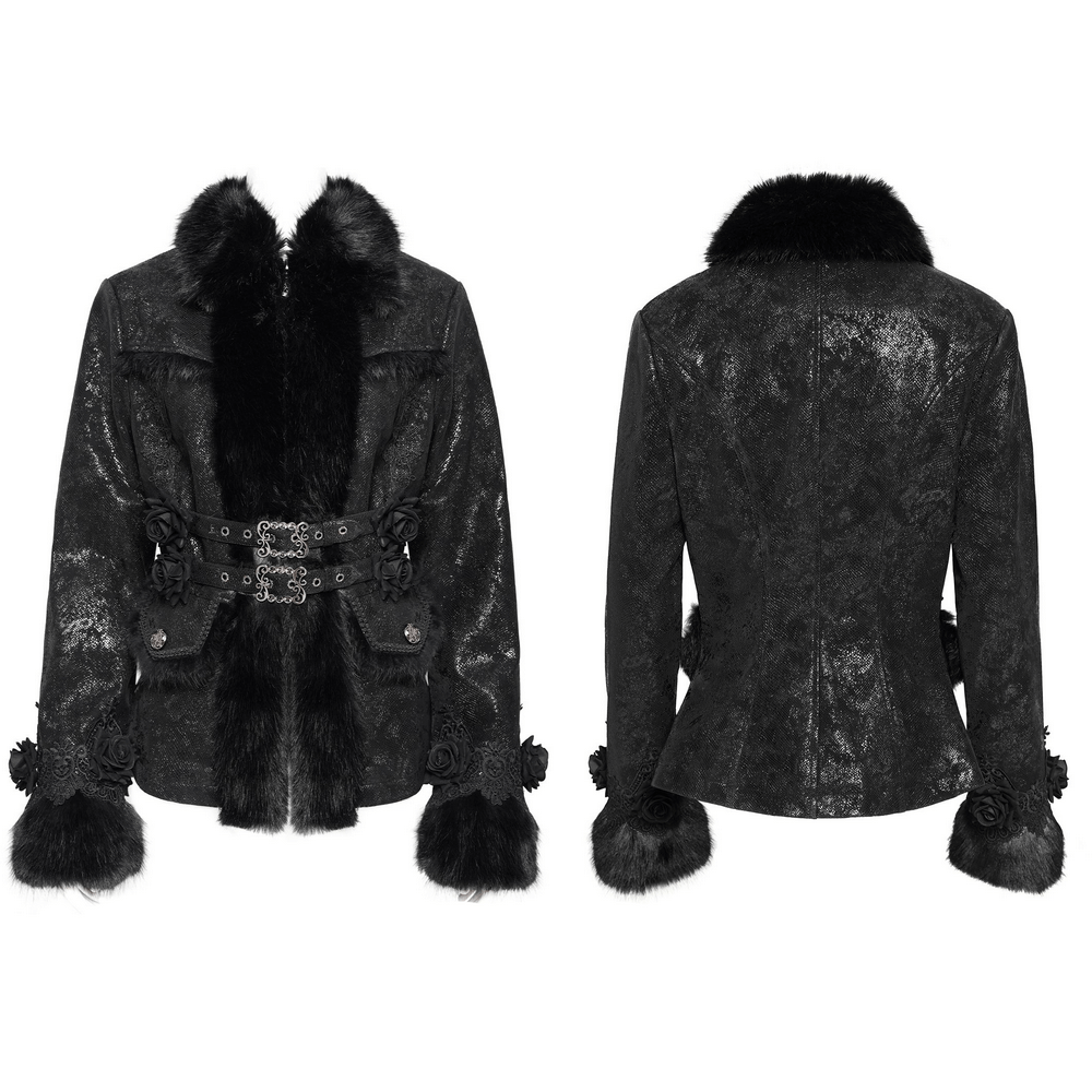 Gothic black women's jacket with faux fur trim, lace roses, and buckle details, perfect for alternative fashion.