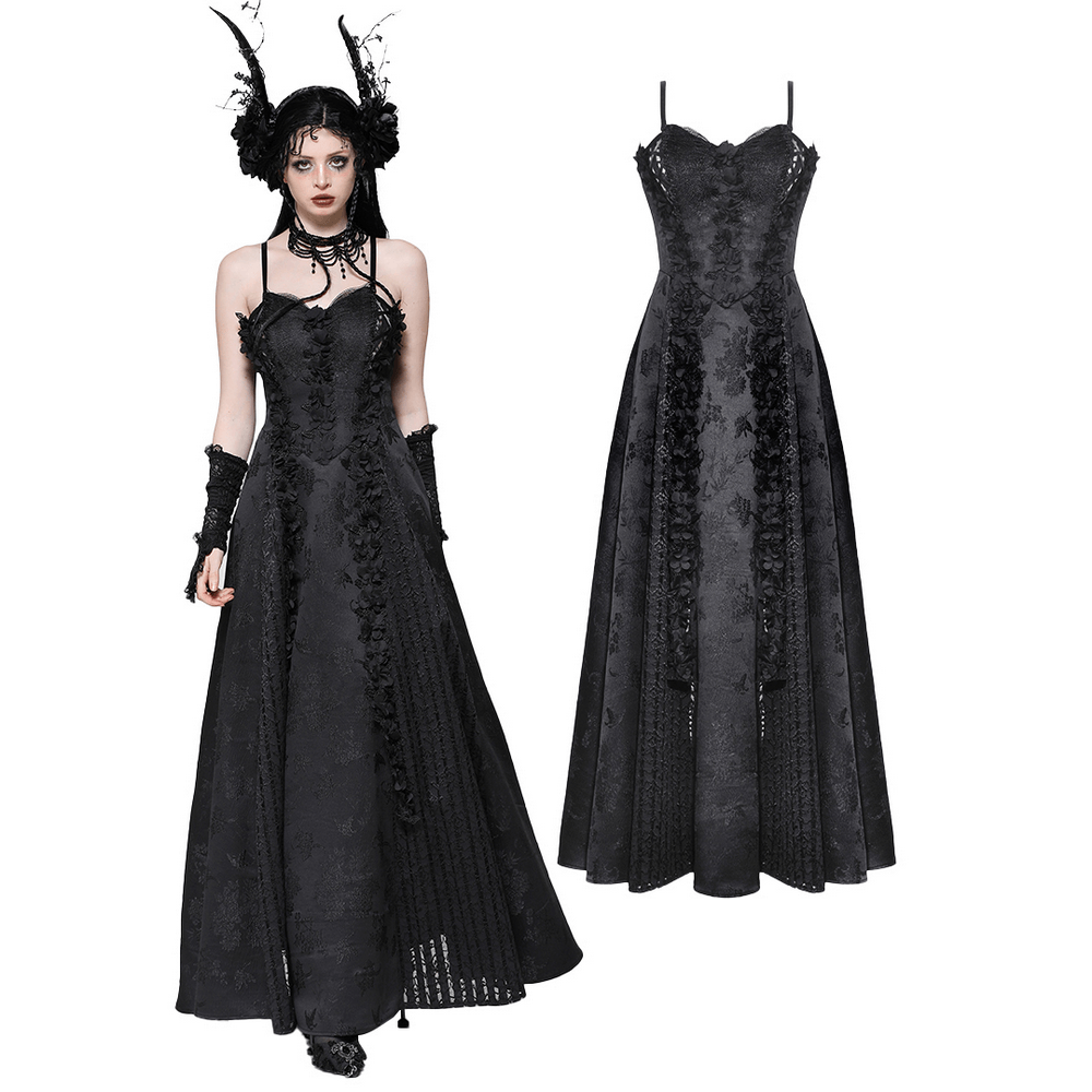 Black lace gothic maxi dress with floral embroidery, showcasing elegant detail and a flattering silhouette. Perfect for Victorian-inspired looks.