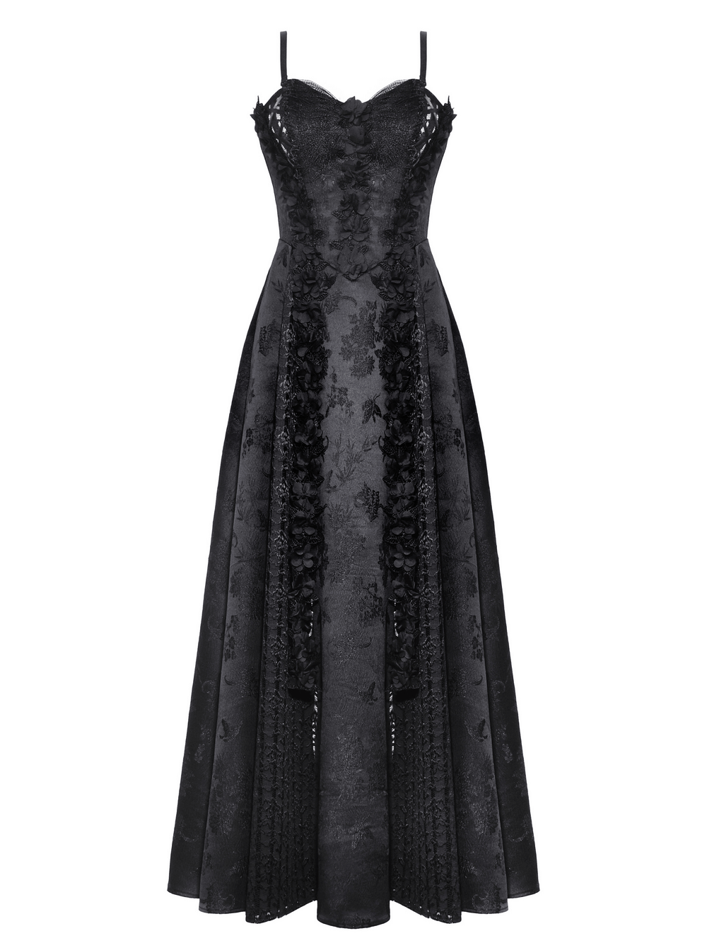 Black lace gothic maxi dress with floral embroidery, featuring adjustable spaghetti straps and a flattering silhouette.