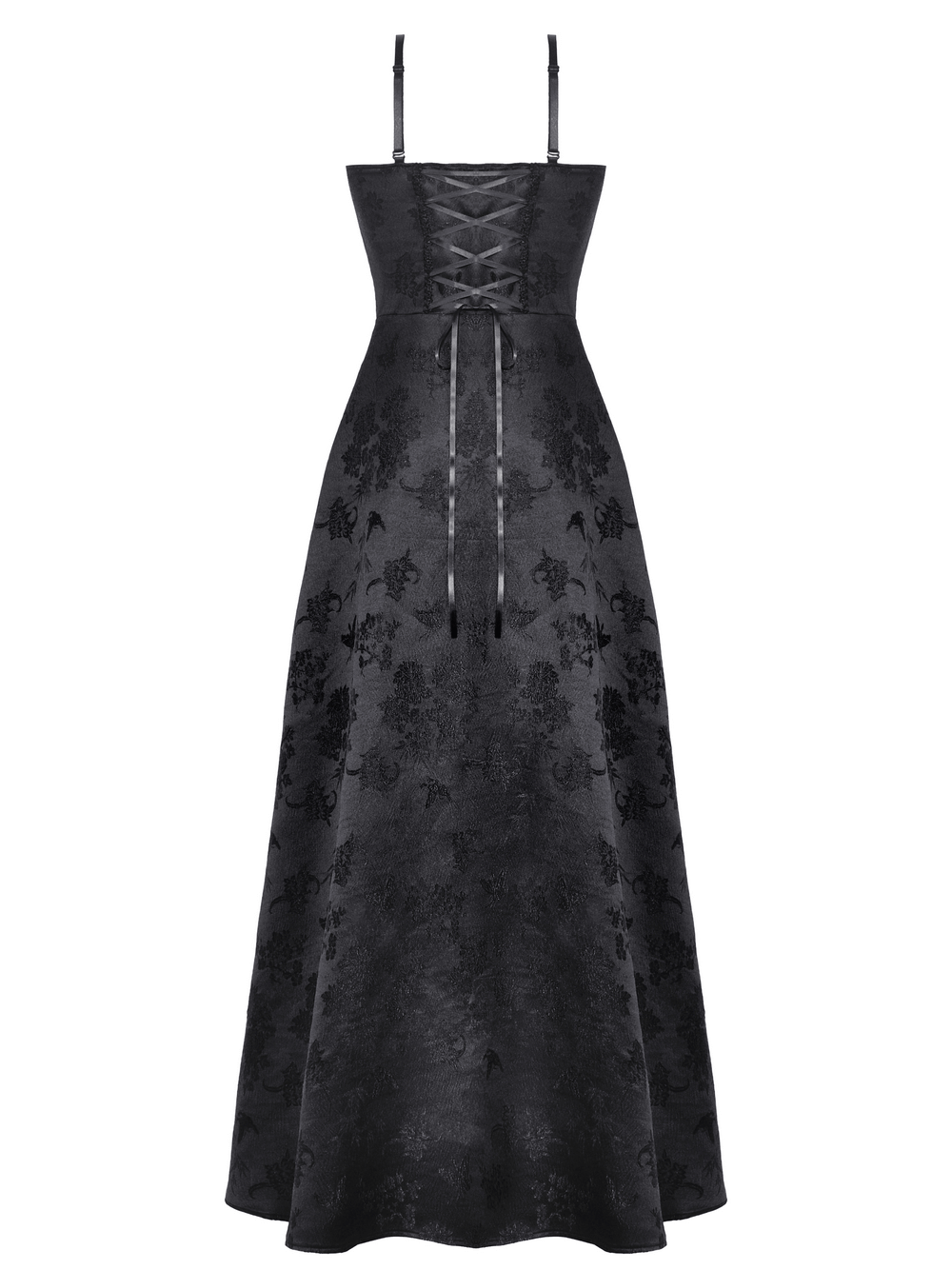 Elegant black lace gothic maxi dress with floral embroidery and fitted bodice for a dramatic Victorian-inspired look.