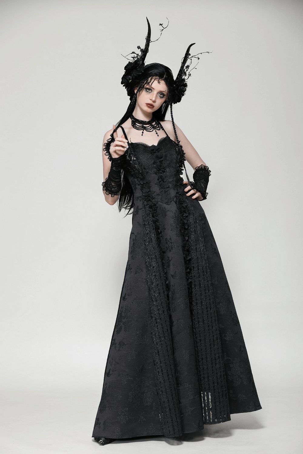 Black lace gothic maxi dress with floral embroidery, perfect for Victorian-inspired occasions and dark elegance.