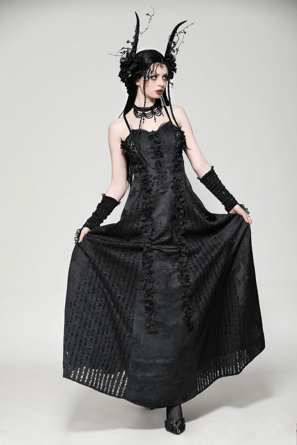 Black lace gothic maxi dress with floral embroidery, perfect for Victorian-inspired occasions.