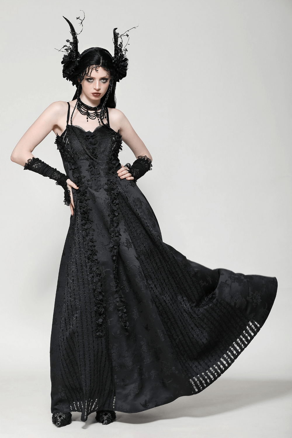 Black lace gothic maxi dress with floral embroidery, featuring a fitted bodice and flowing skirt, perfect for Victorian-inspired occasions.