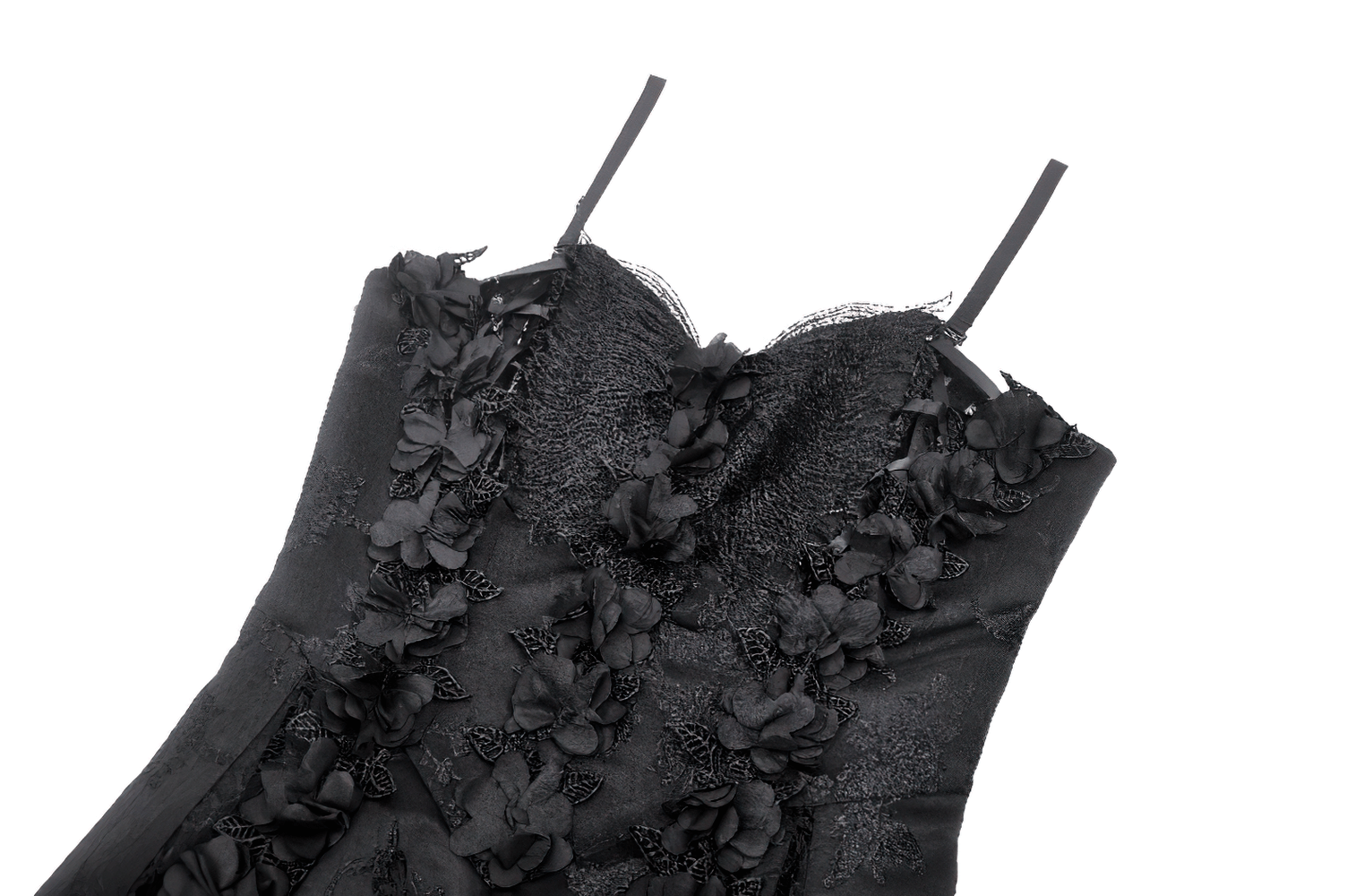 Black lace gothic maxi dress with floral embroidery and adjustable spaghetti straps, showcasing dark elegance and style.