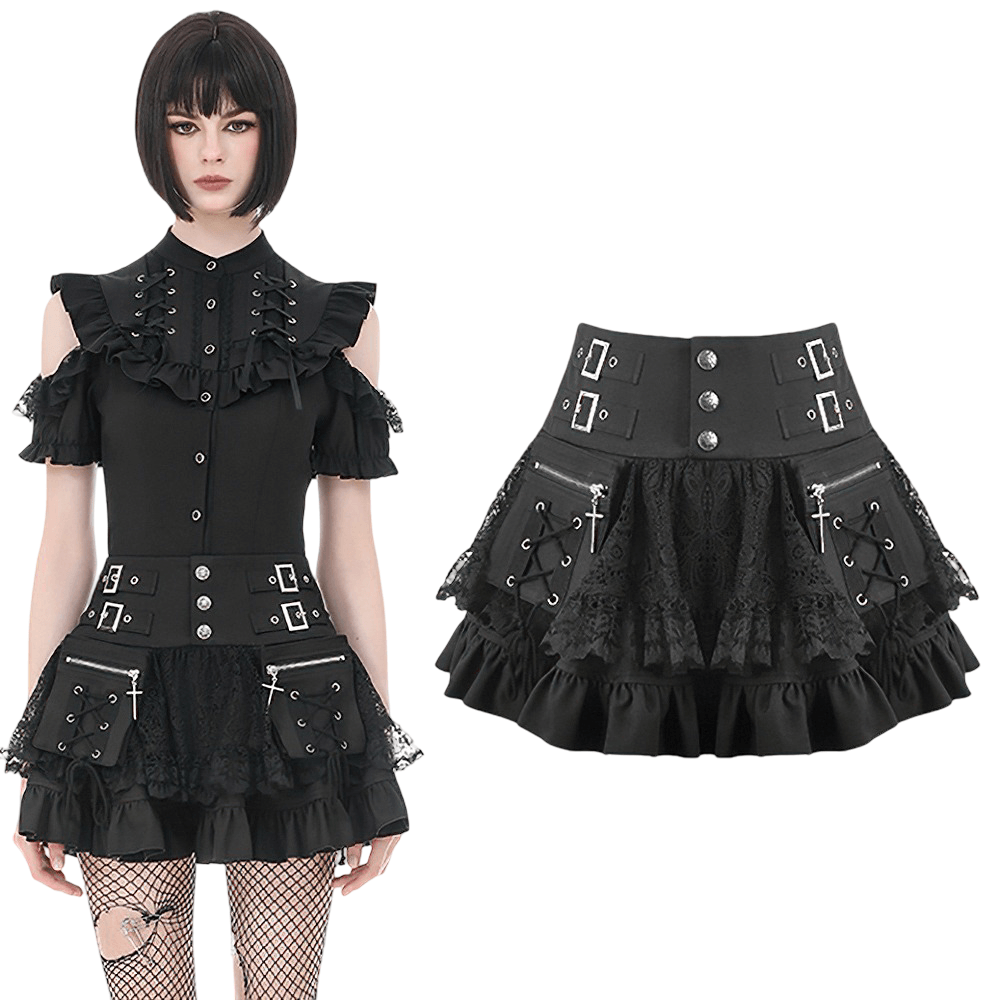 Female Lace Mini Skirt with Buckled Waist and Cross Zips