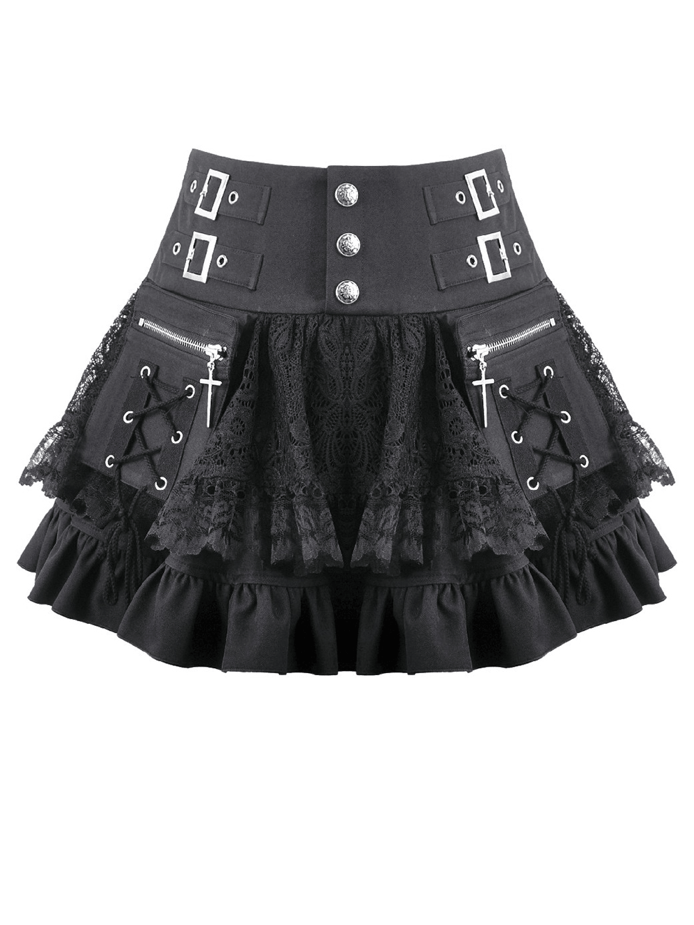Female Lace Mini Skirt with Buckled Waist and Cross Zips