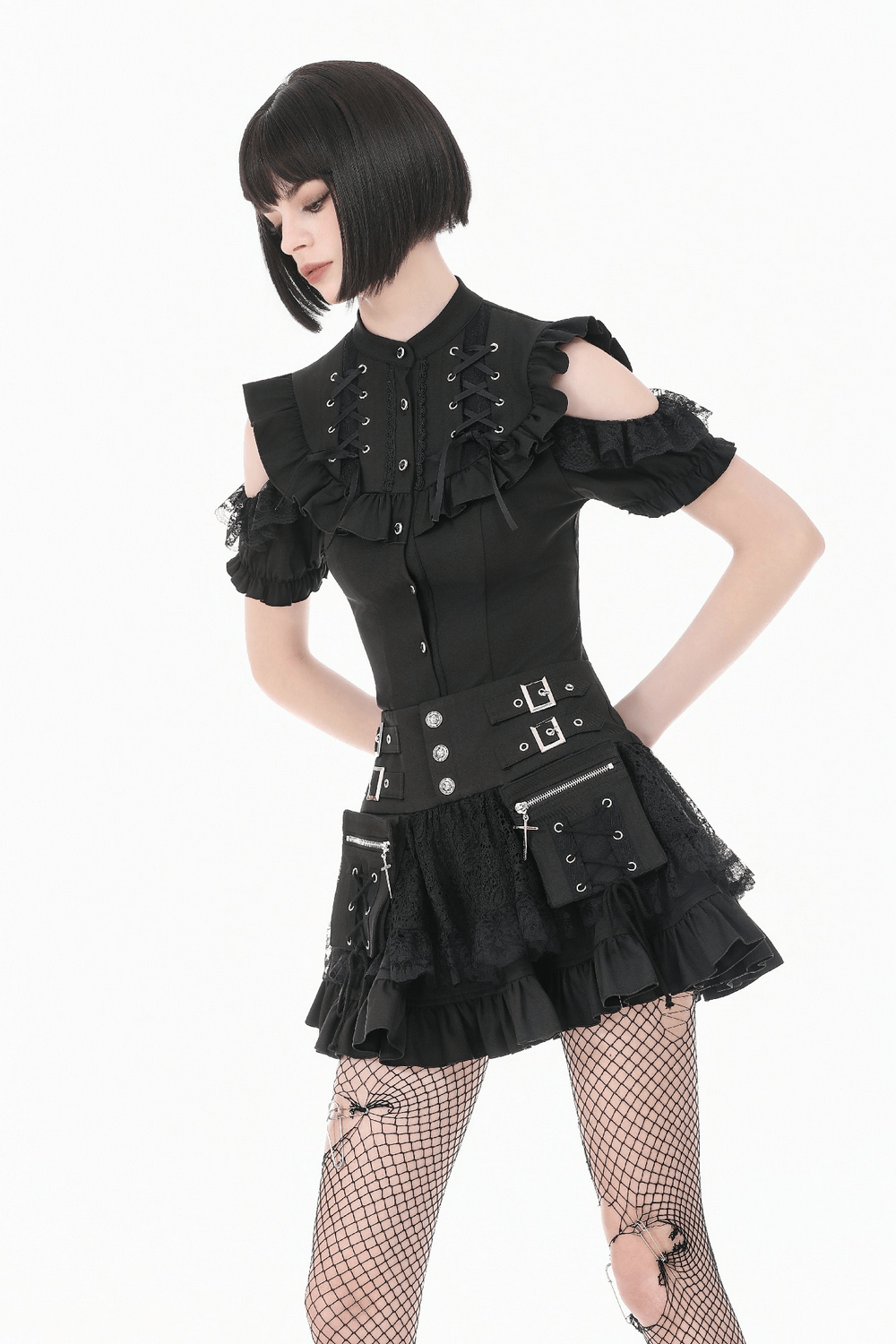 Female Lace Mini Skirt with Buckled Waist and Cross Zips