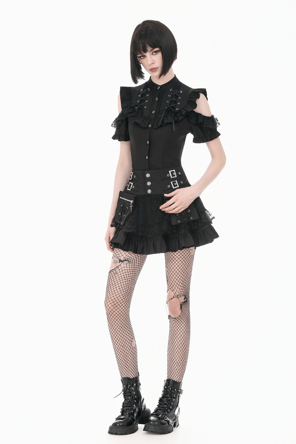 Female Lace Mini Skirt with Buckled Waist and Cross Zips