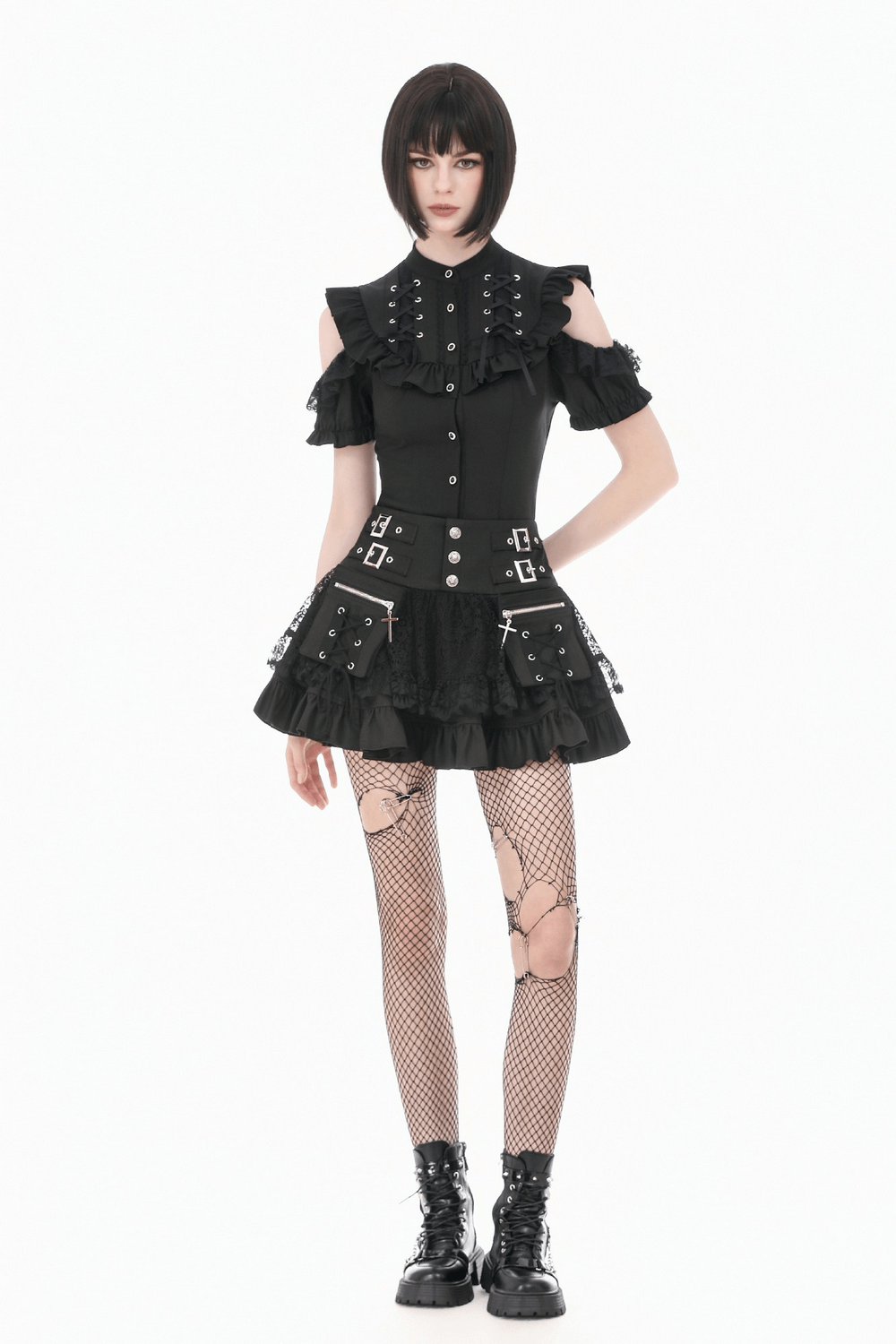 Female Lace Mini Skirt with Buckled Waist and Cross Zips