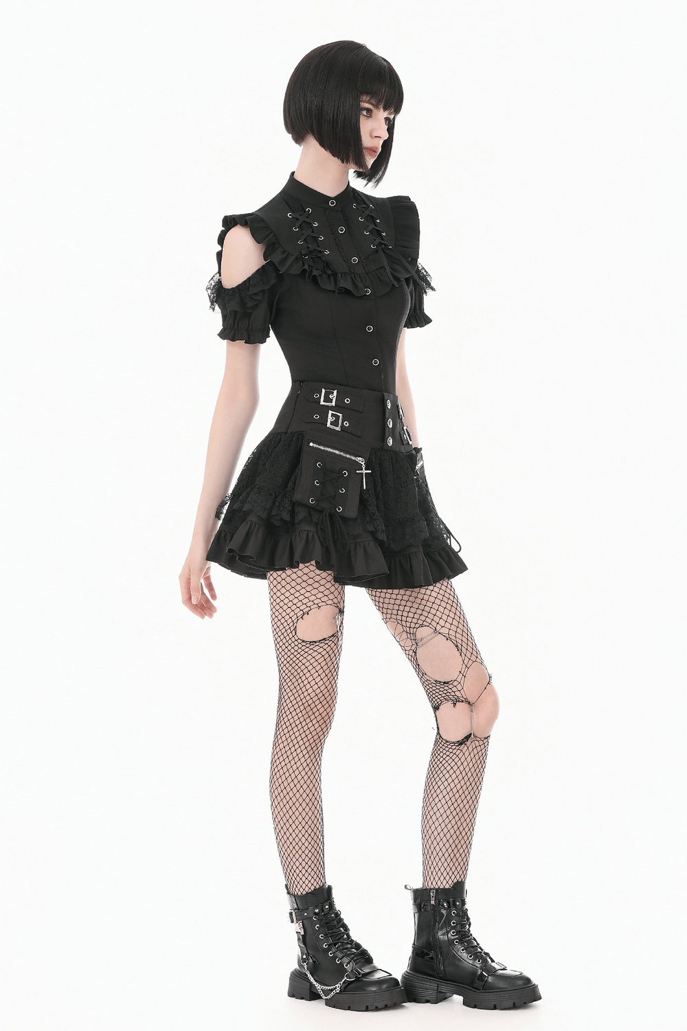 Female Lace Mini Skirt with Buckled Waist and Cross Zips