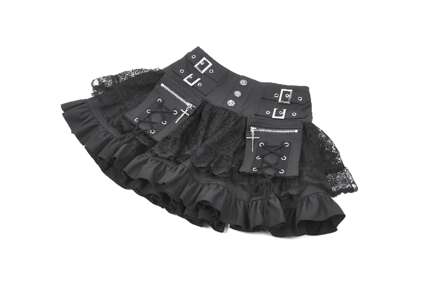 Female Lace Mini Skirt with Buckled Waist and Cross Zips