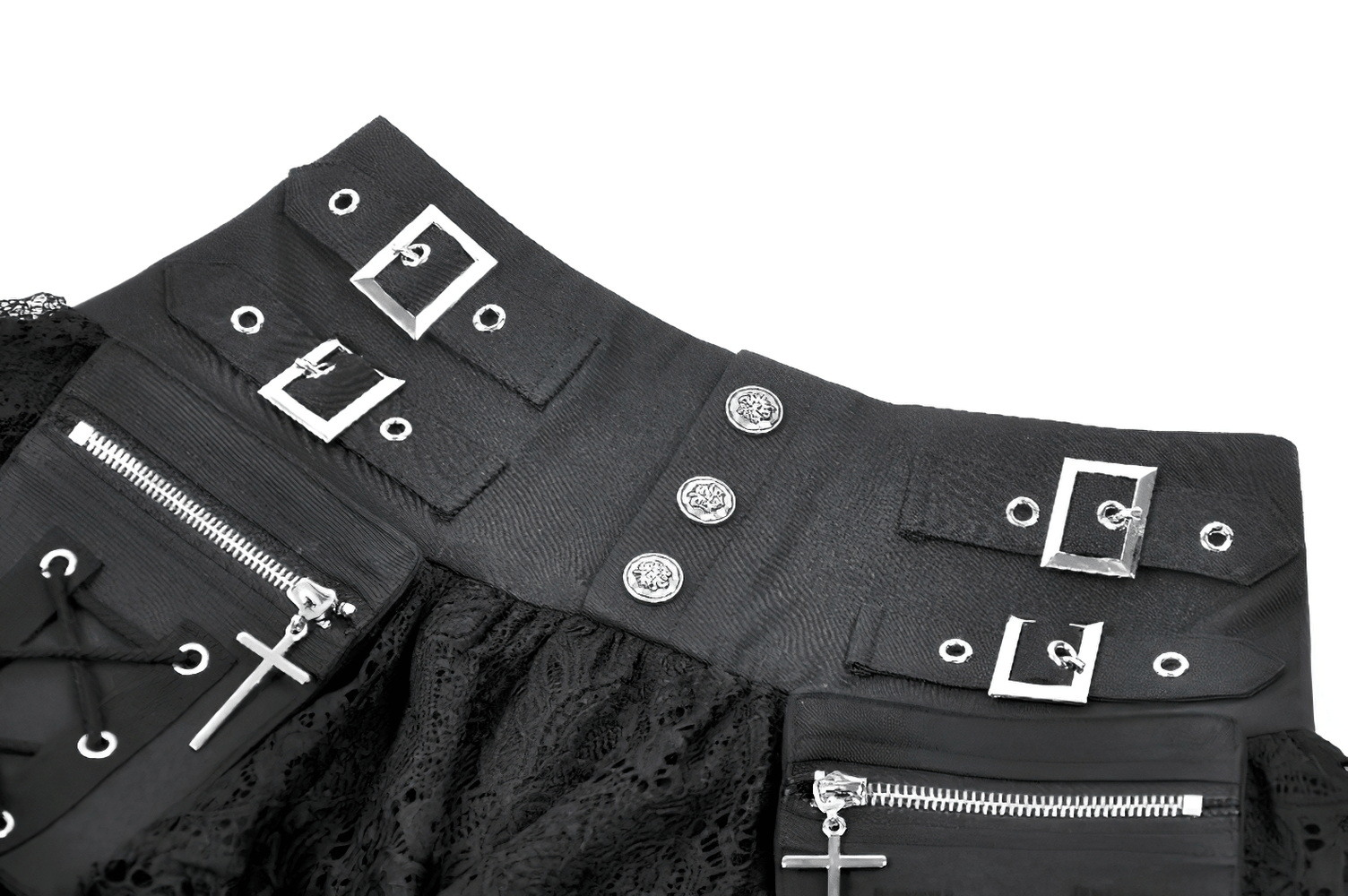 Female Lace Mini Skirt with Buckled Waist and Cross Zips