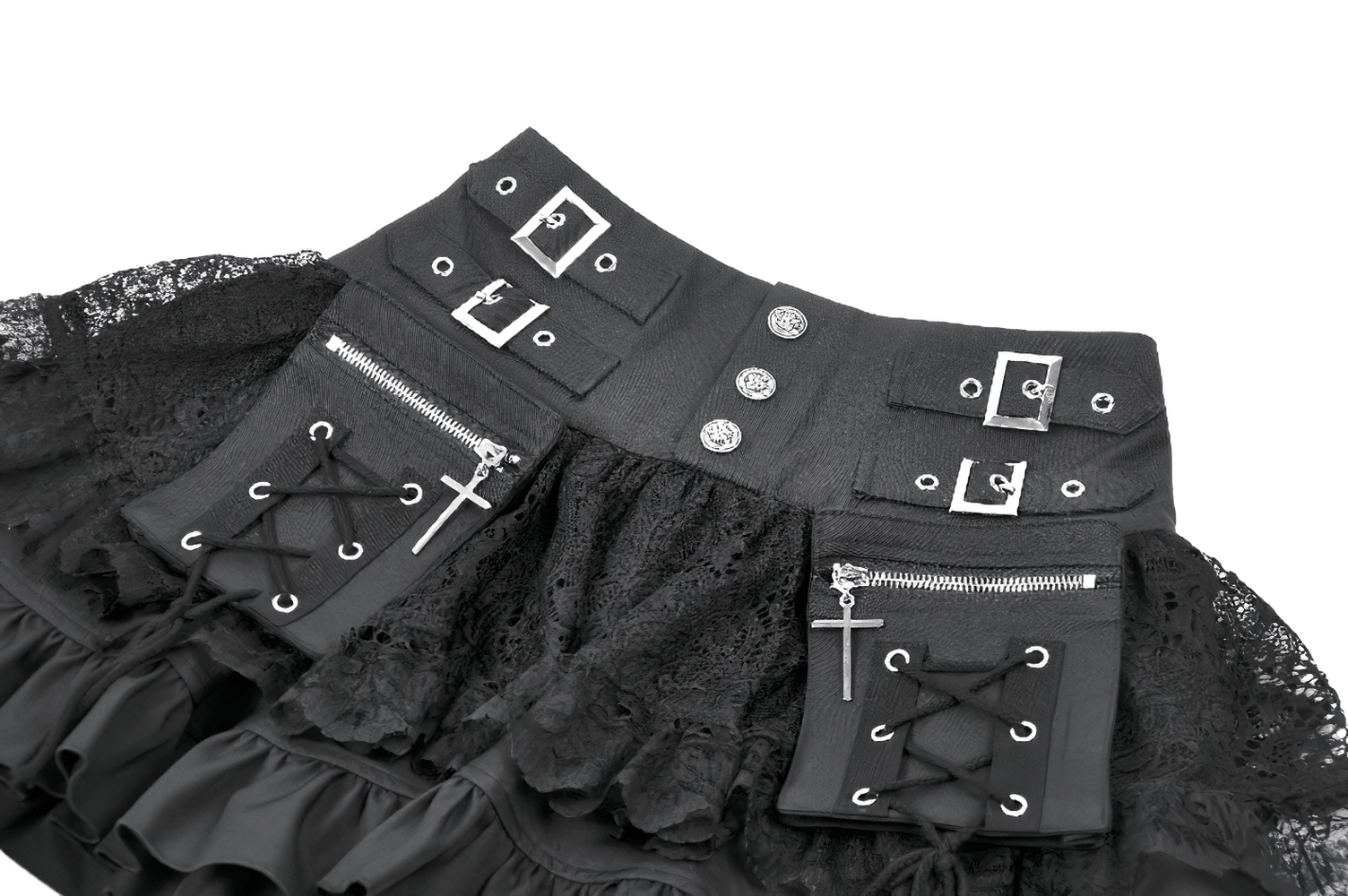 Female Lace Mini Skirt with Buckled Waist and Cross Zips