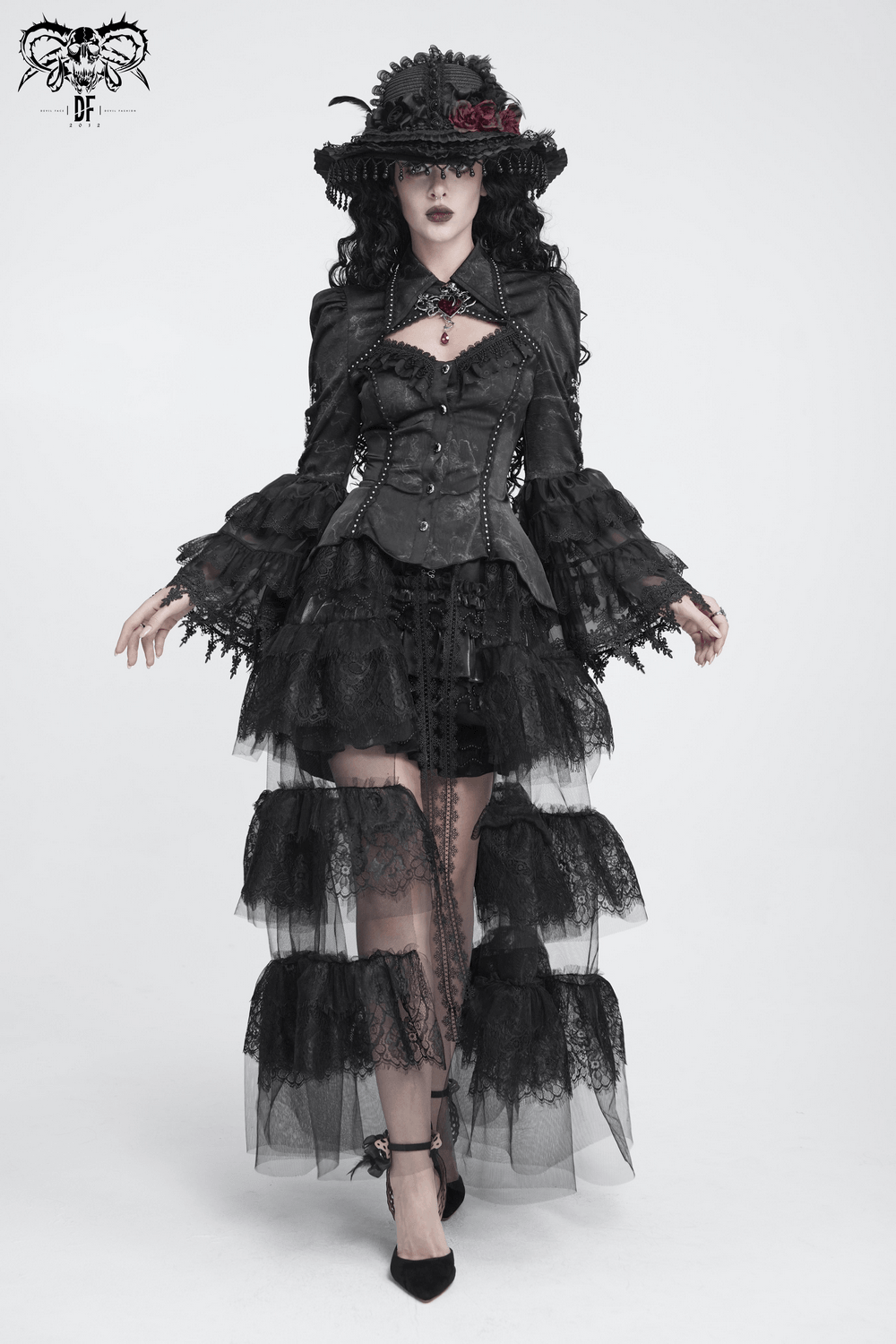Female Lace Ruffle Blouse with Chain Bell Sleeves