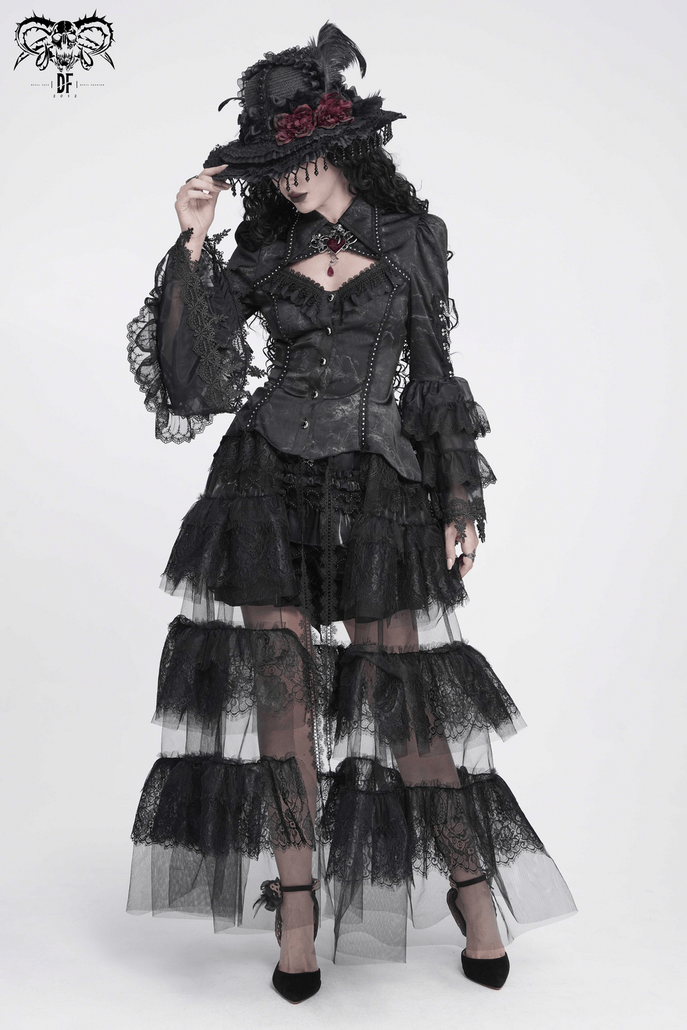 Female Lace Ruffle Blouse with Chain Bell Sleeves