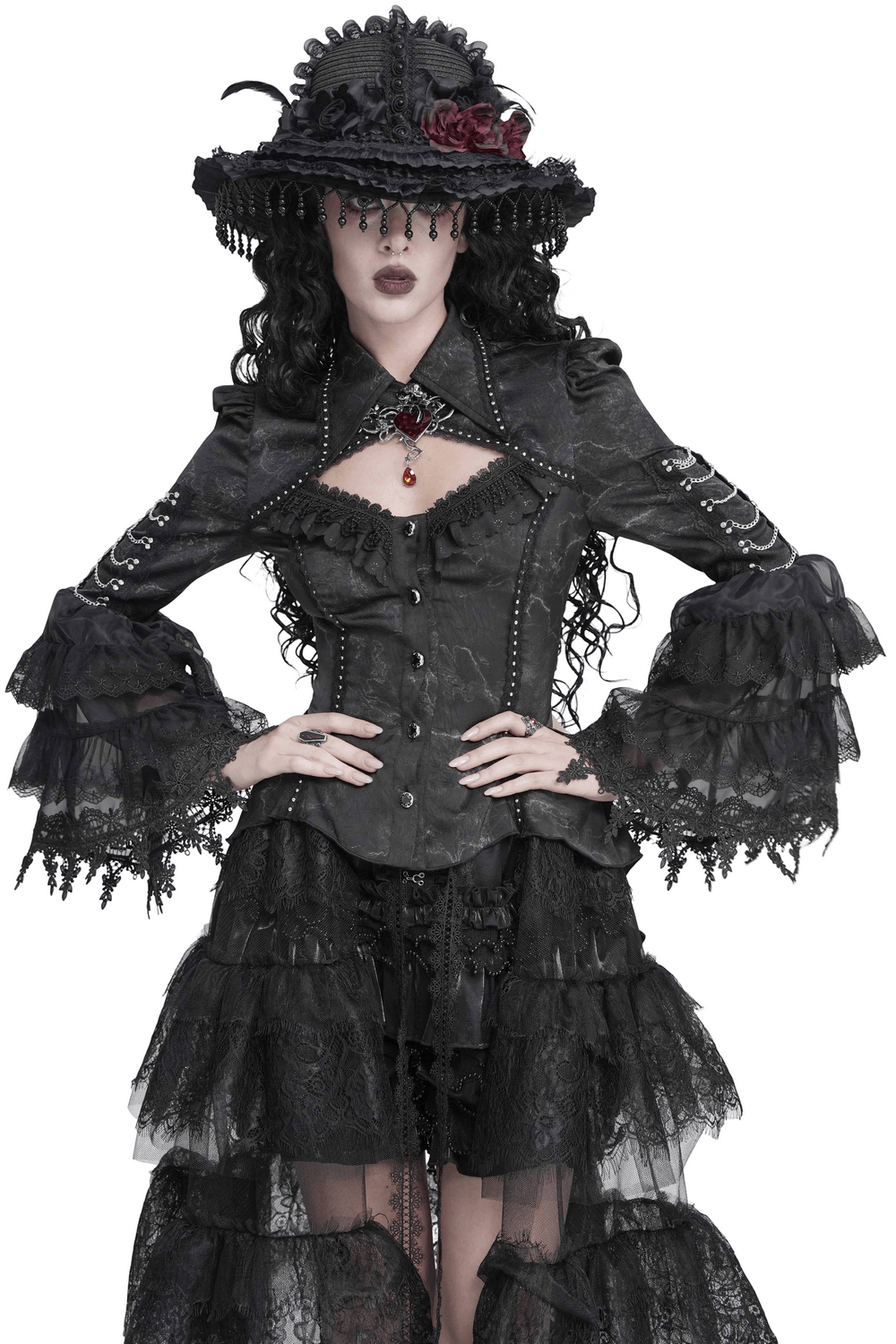 Female Lace Ruffle Blouse with Chain Bell Sleeves