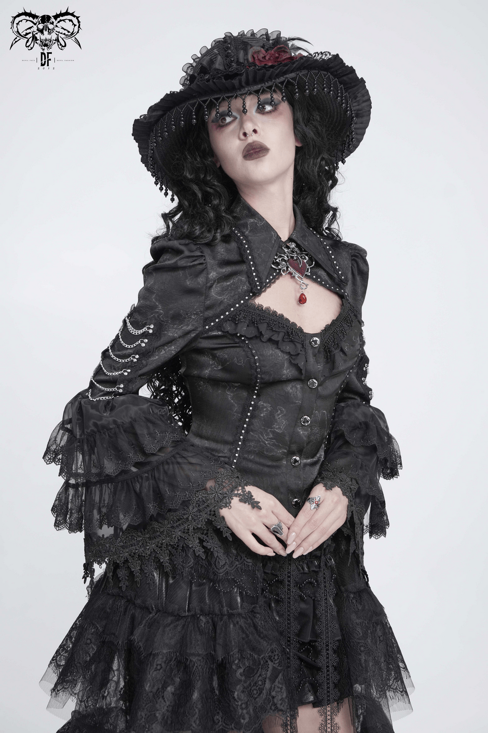 Female Lace Ruffle Blouse with Chain Bell Sleeves