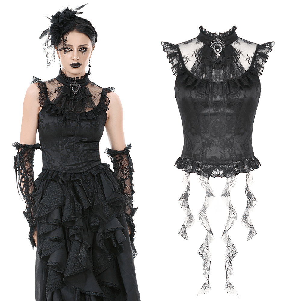 Elegant gothic lace blouse with corset back, ruffled sleeves, and gemstone brooch for a dramatic Victorian style.
