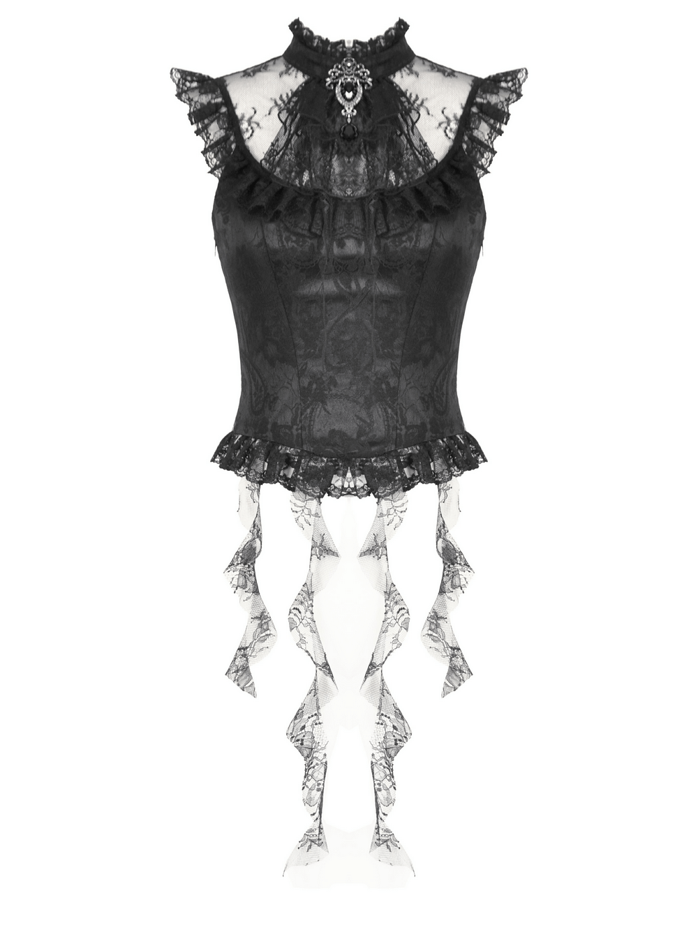 Elegant black lace blouse with corset back, frill details, sheer mesh neckline, and gemstone brooch for gothic style.