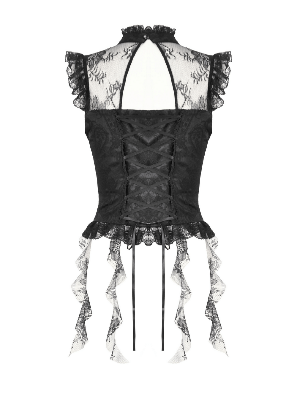 Elegant black lace blouse with corset back, ruffled sleeves, and sheer mesh details for gothic fashion.
