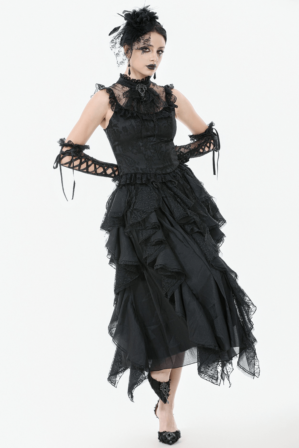 Elegant gothic lace blouse with corset back and frill details, perfect for dark styling.