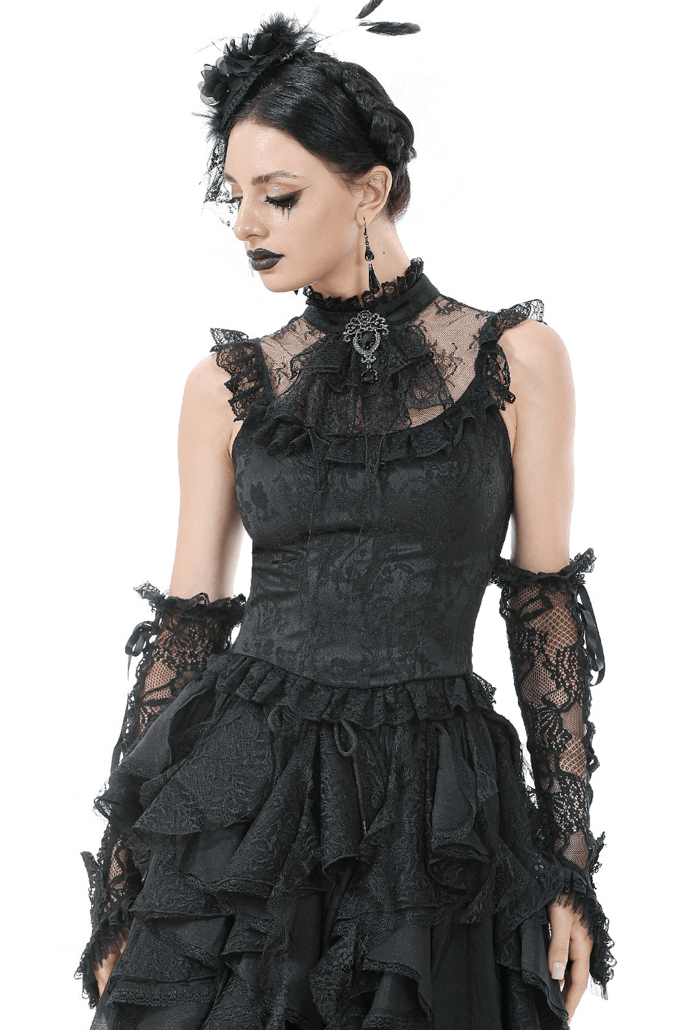 Elegant gothic lace blouse with corset back, frill details, and sheer mesh neckline. Perfect for a dark, romantic style.