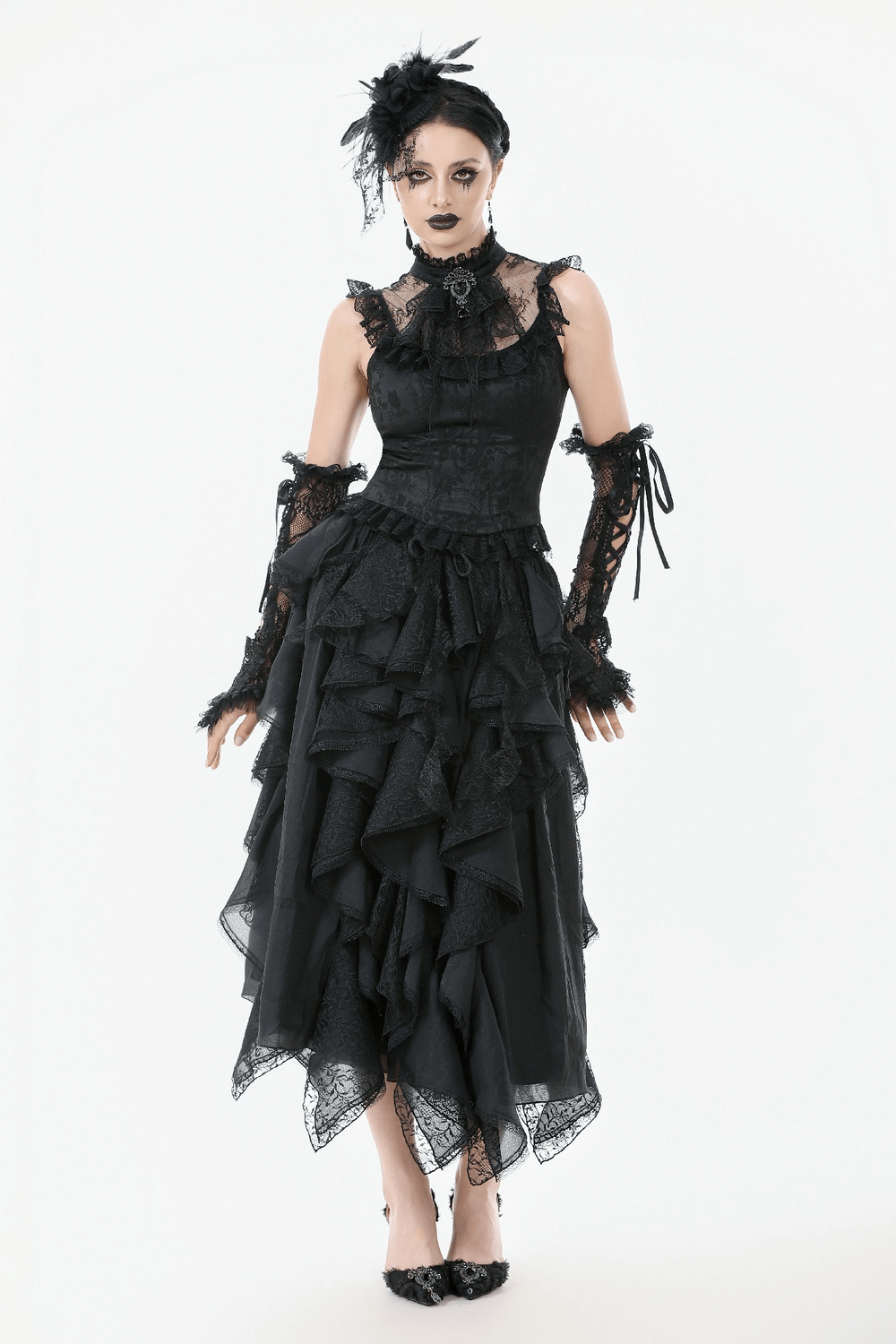 Elegant gothic lace blouse with corset back, frill details, and ruffled sleeves for a Victorian-inspired look.