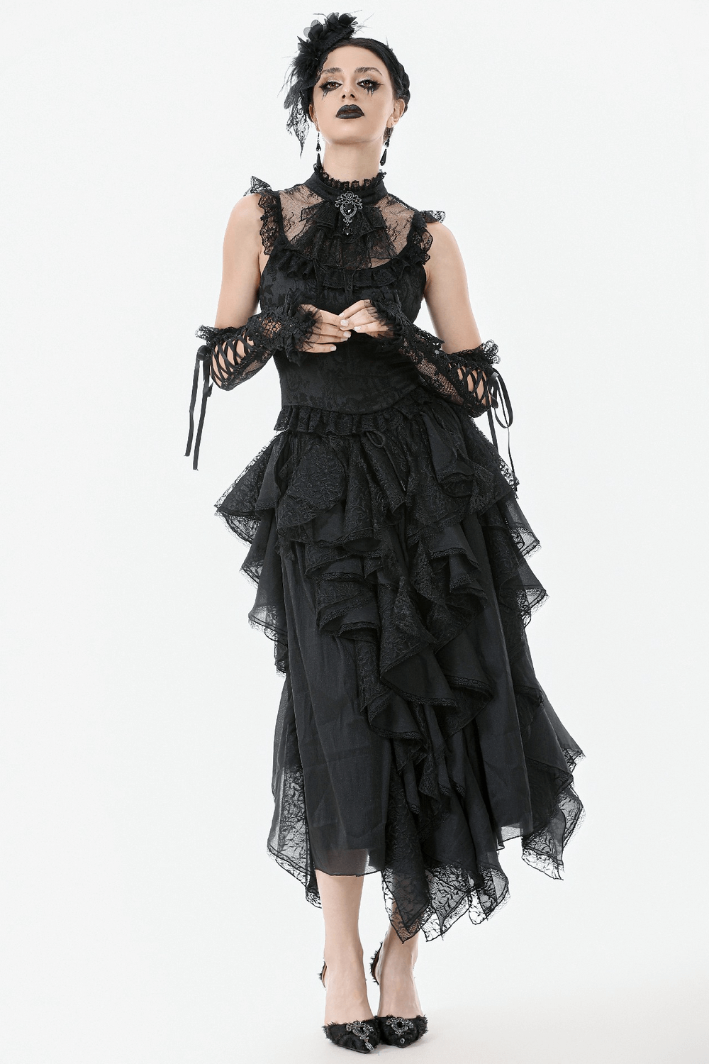 Elegant gothic lace blouse with corset back and frill details, perfect for dark Victorian-inspired fashion.