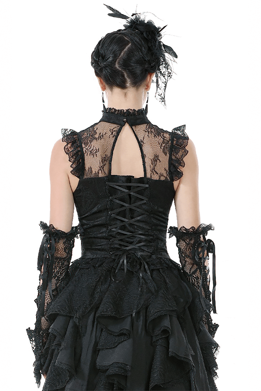 Back view of a female gothic lace top showcasing the corset-style lace-up detail and ruffled sleeves.