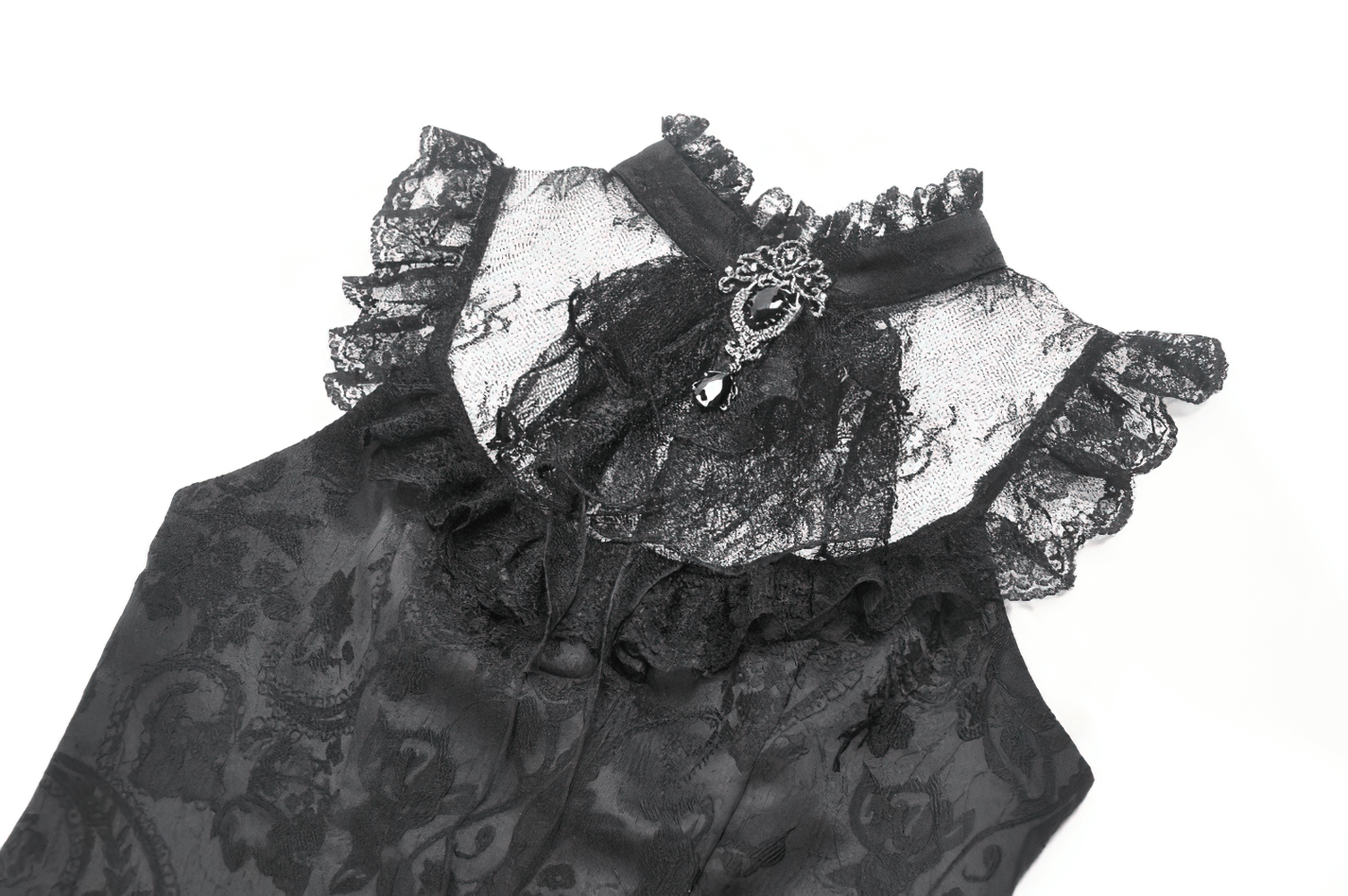 Elegant gothic lace blouse with sheer mesh, ruffled collar, and gemstone brooch detail.