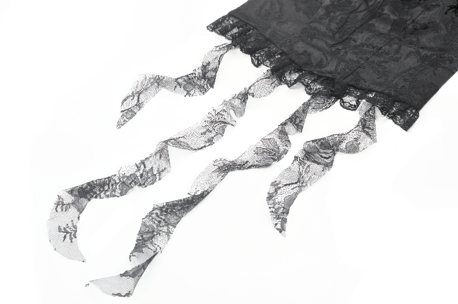 Detail shot of flowing lace frills on a gothic blouse, showcasing the intricate design and texture.