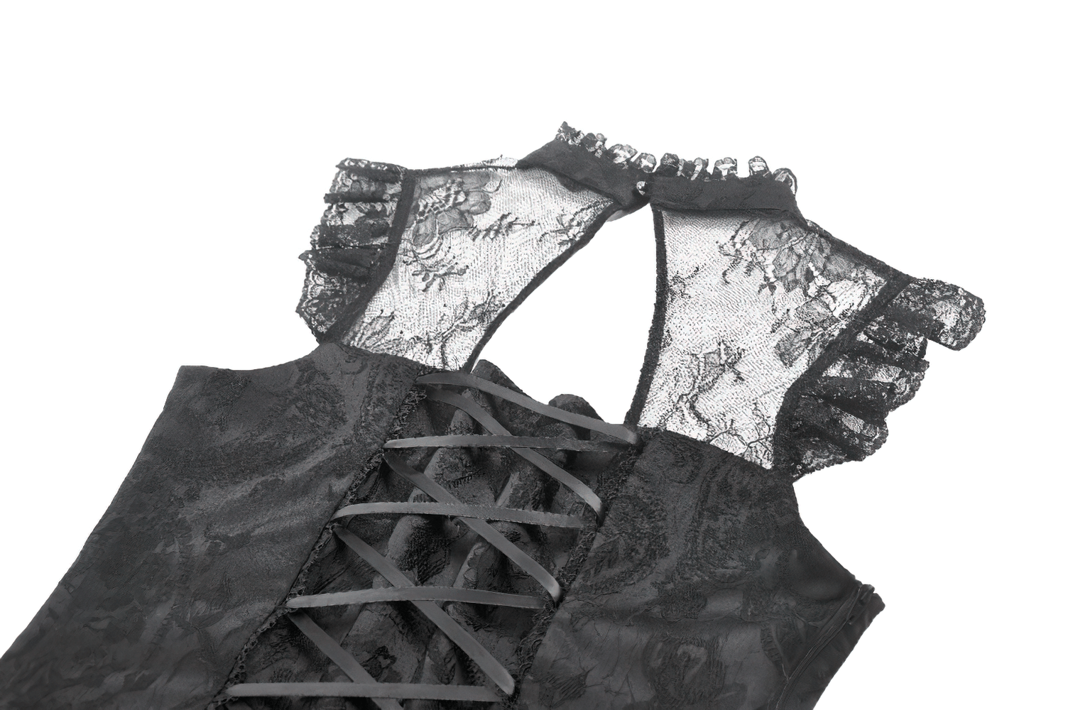 Elegant gothic lace top showcasing ruffled sleeves, corset back, and sheer mesh details.