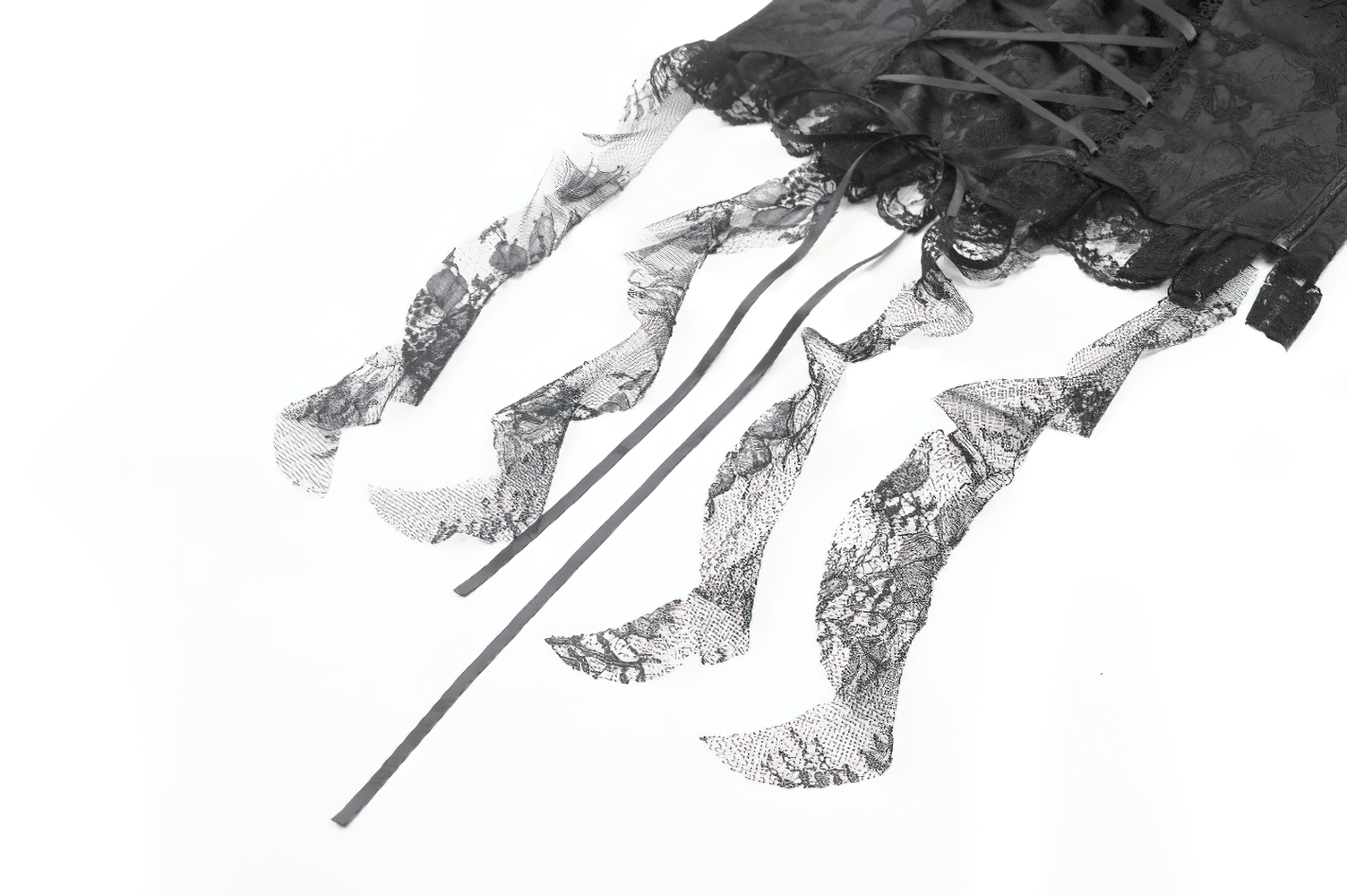 Elegant gothic lace blouse with corset back and frill details, showcasing intricate lace and flowing tails.