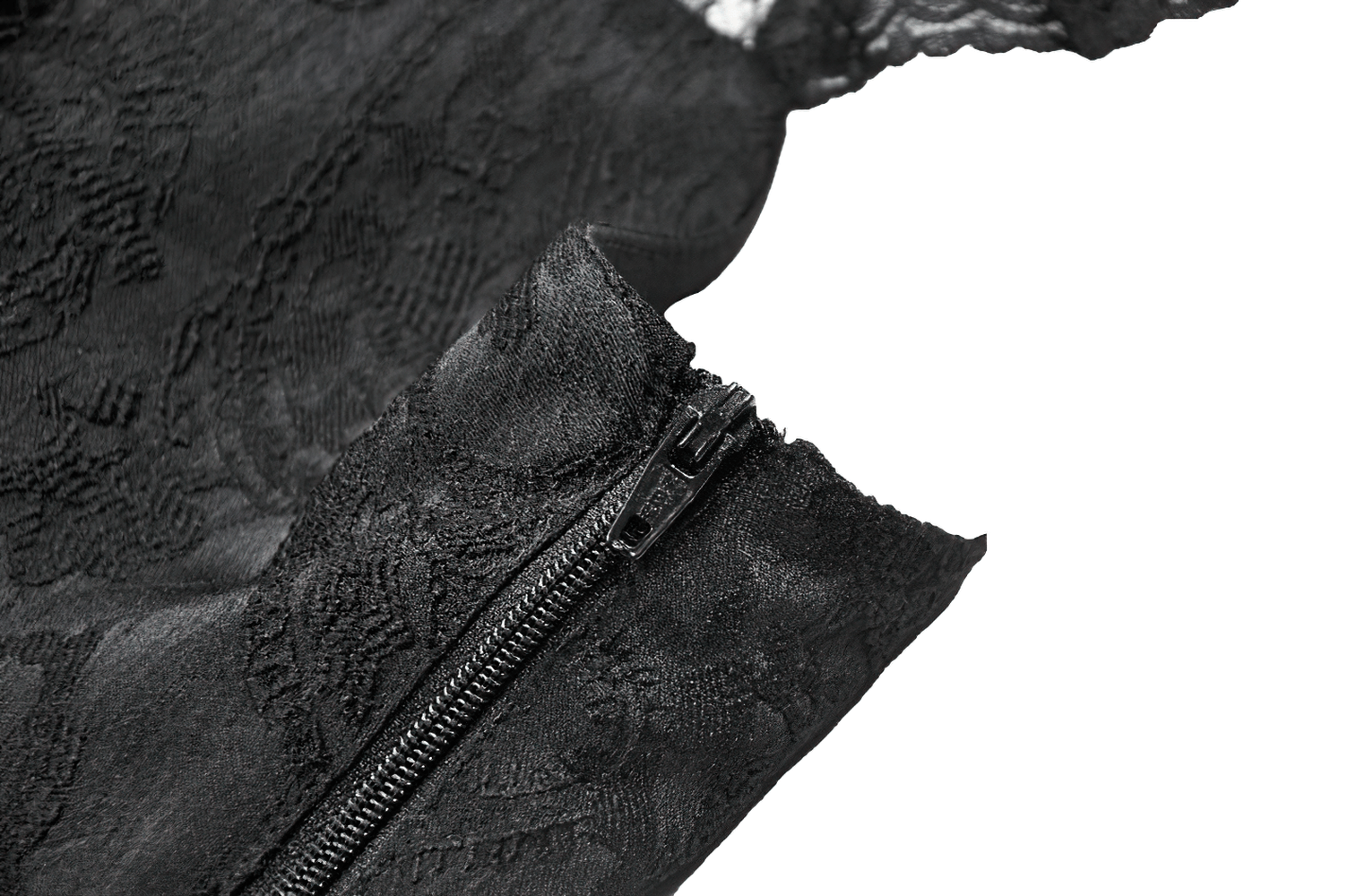 Close-up of the zipper detail on an elegant black lace blouse with frill and corset-style back.