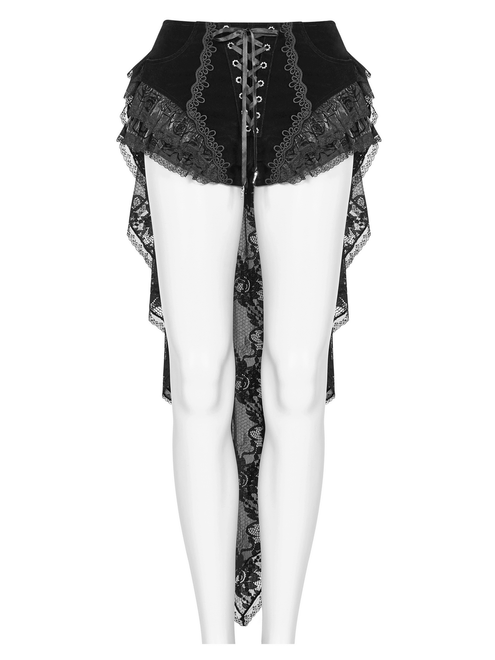 Female gothic shorts featuring lace trim and a dramatic swallow tail design, perfect for edgy fashion lovers.