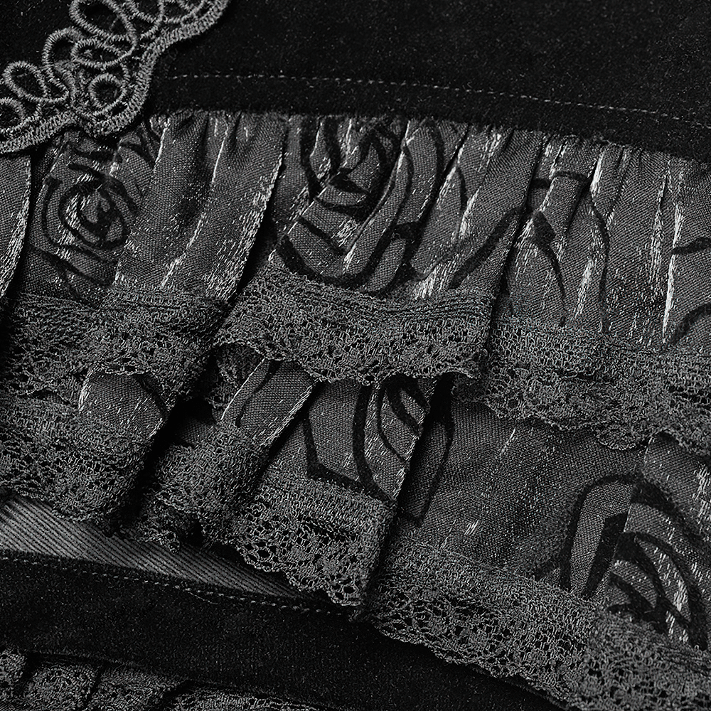 Close-up of black Gothic shorts showcasing intricate lace and floral patterns, perfect for a daring fashion statement.