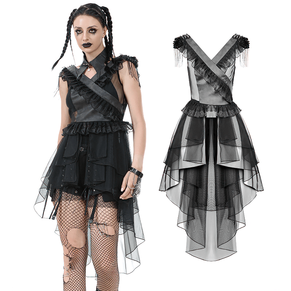 Gothic female lace-up tiered tulle dress with ruffles, perfect for dark romantic fashion.