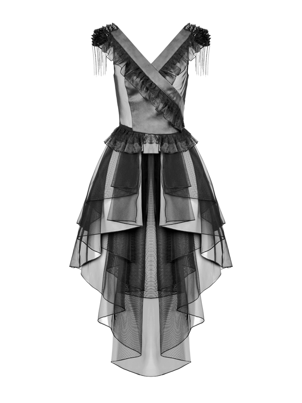 Dramatic black female lace-up tiered tulle dress with ruffles and a gothic silhouette, perfect for dark romantic fashion.