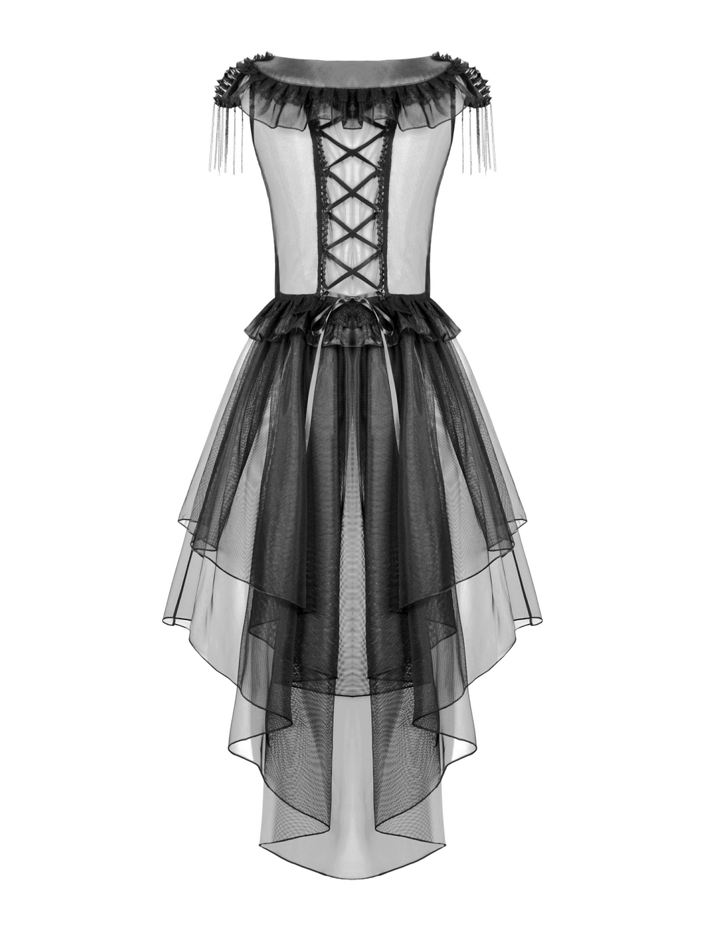 Gothic lace-up tiered tulle dress with ruffled details, featuring layered fabric and an elegant silhouette.