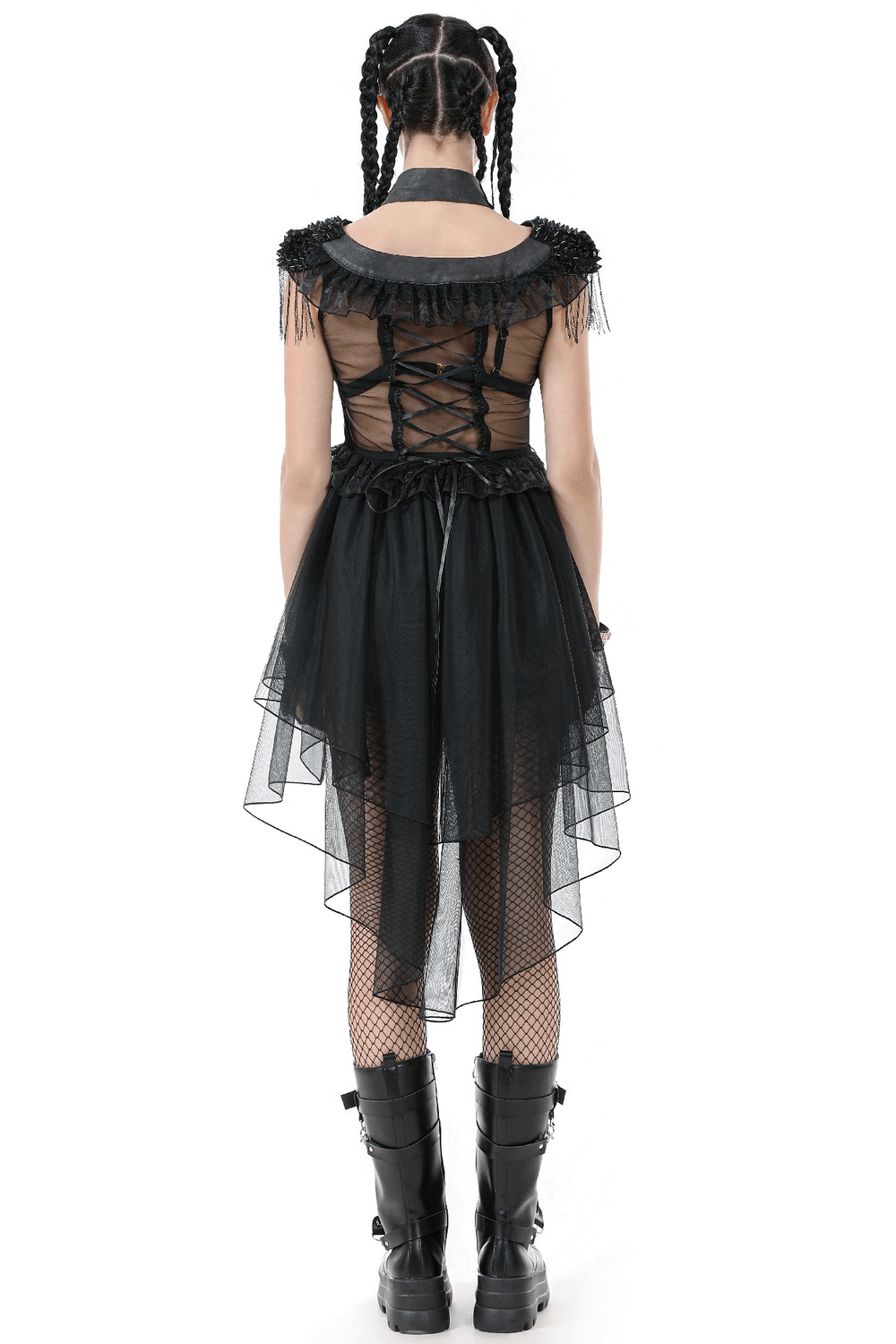 Back view of a Gothic lace-up tiered tulle dress with ruffles, perfect for dark romantic fashion.