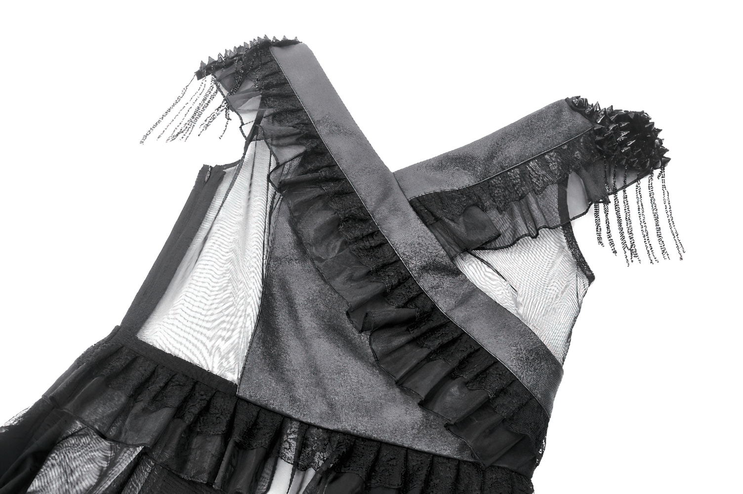 Close-up of black Gothic lace-up dress featuring ruffled accents and layered tulle tiers.