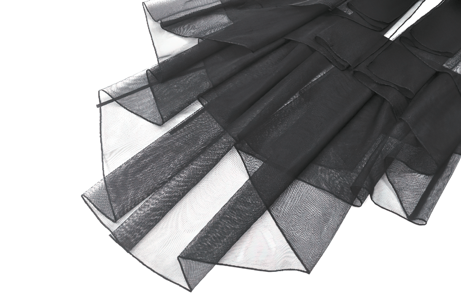 Close-up of black tiered tulle fabric showcasing layered ruffles, perfect for gothic fashion.