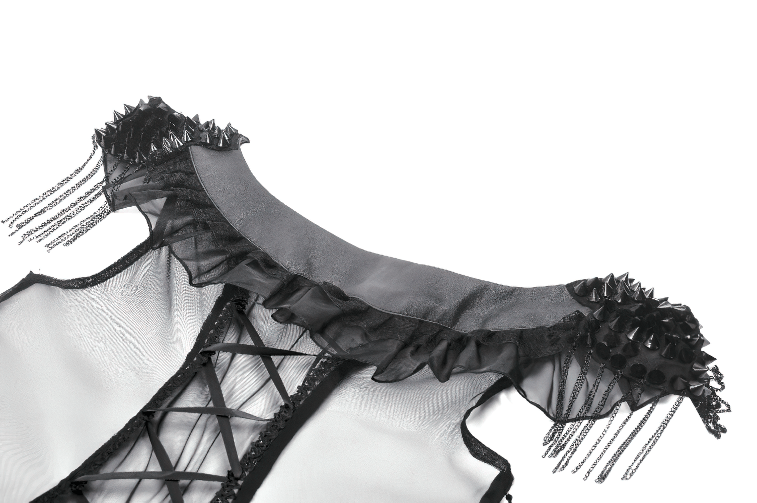 Close-up of Gothic lace-up tiered tulle dress with ruffled and spiked shoulder details.
