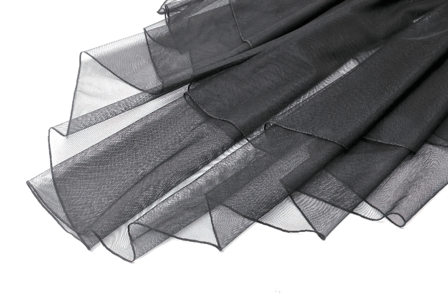 Layered black tulle fabric, showcasing soft ruffles and delicate texture for gothic fashion.