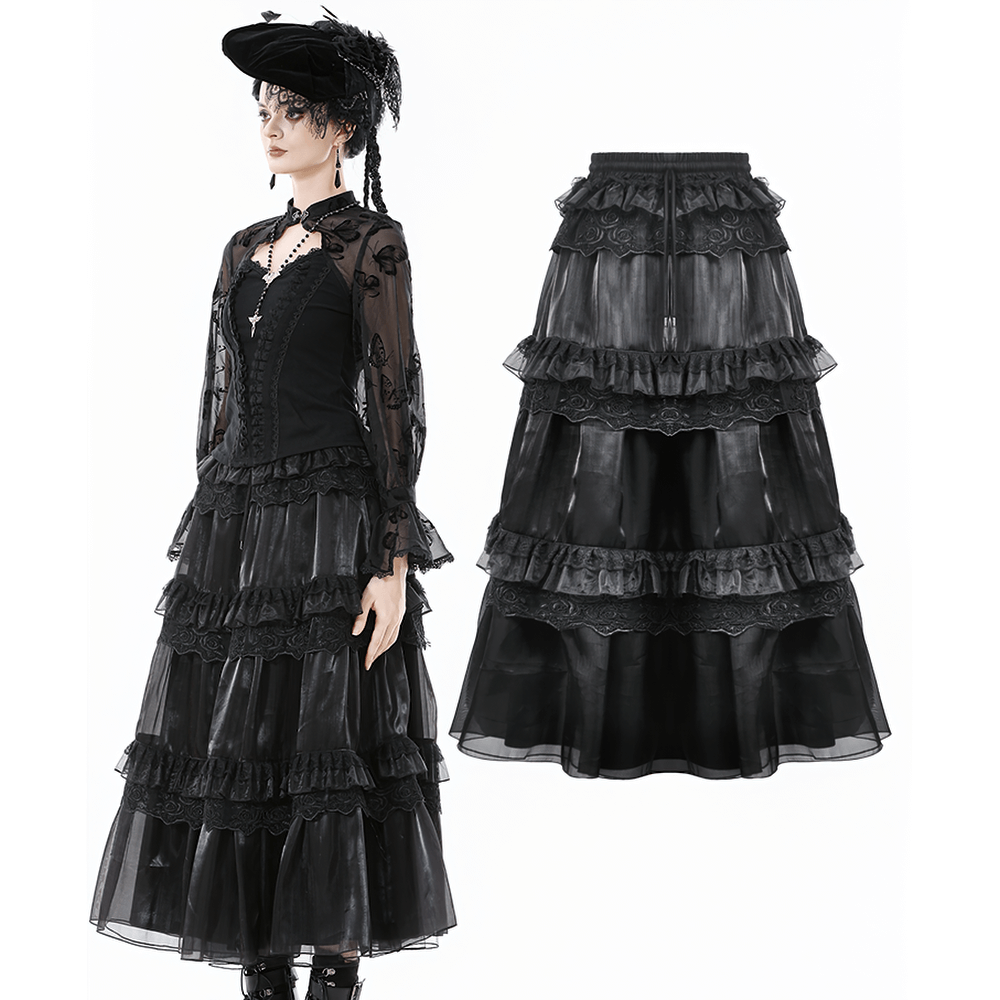 Female Layered Black Lace Mesh Skirt with Ruffled Tiers showcasing gothic elegance and romantic tiers.