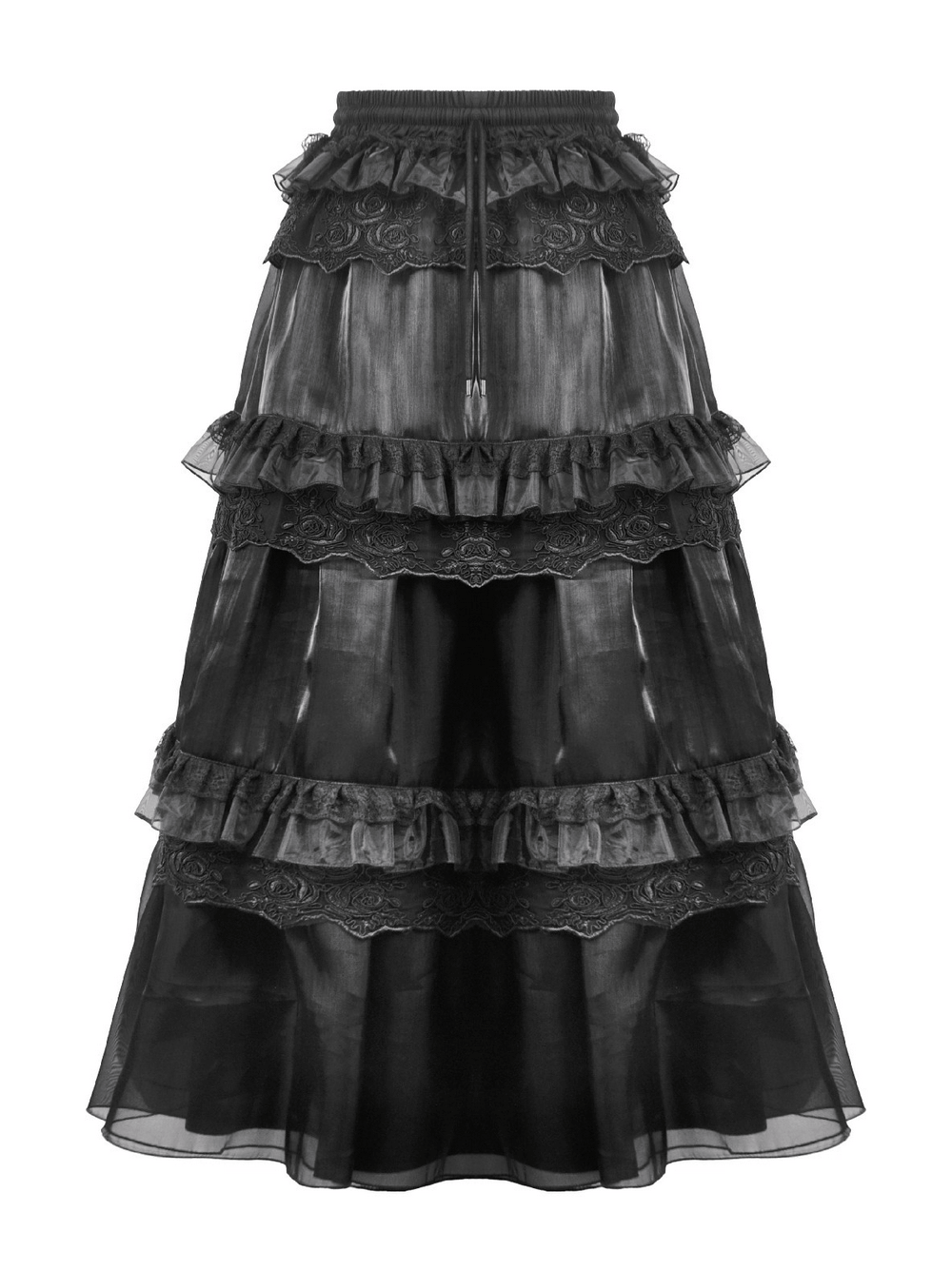 Female Layered Black Lace Mesh Skirt with Ruffled Tiers featuring cascading ruffles and intricate embroidery.