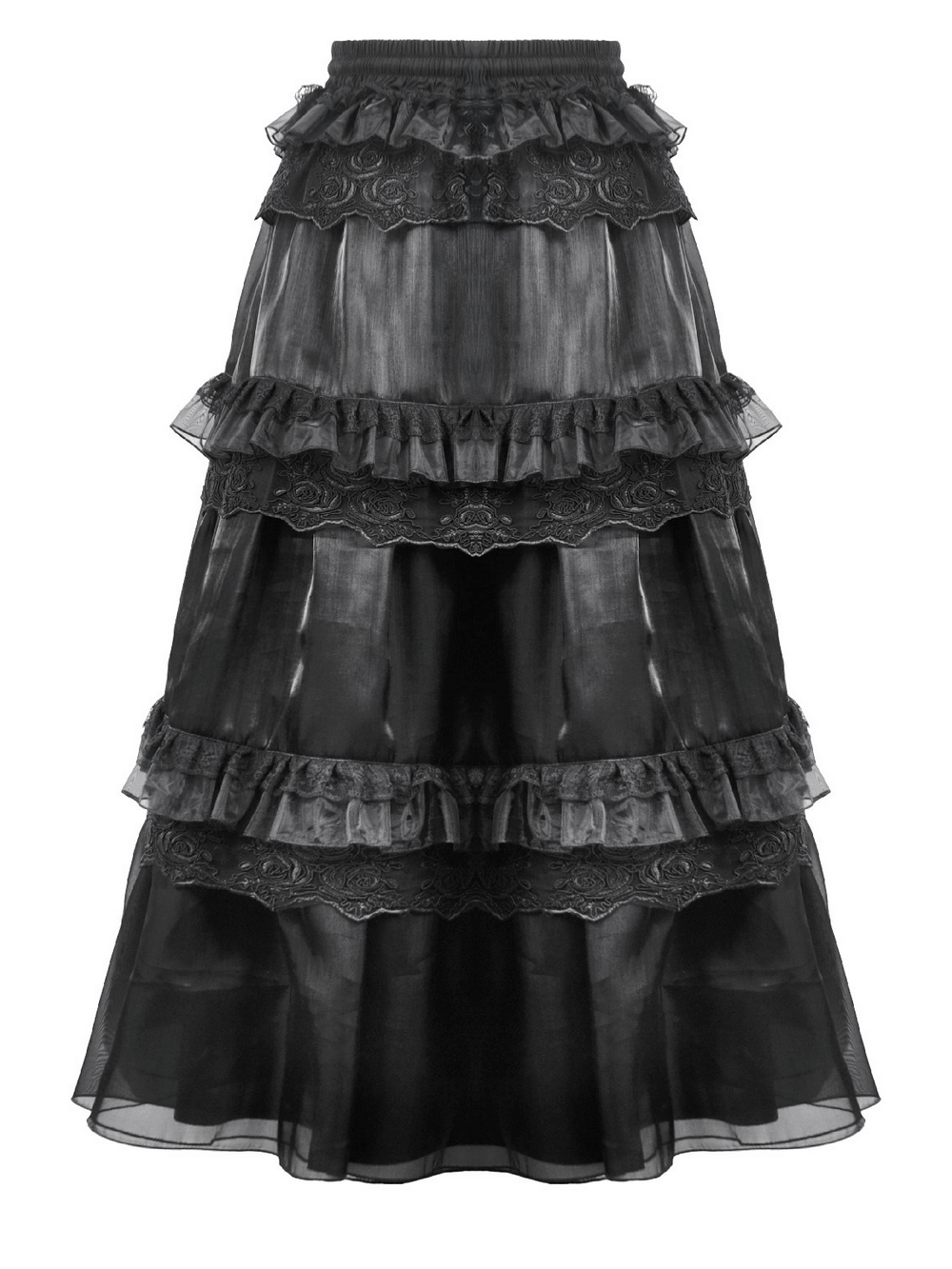 Female Layered Black Lace Mesh Skirt with Ruffled Tiers showcasing elegant tiers and lace details.